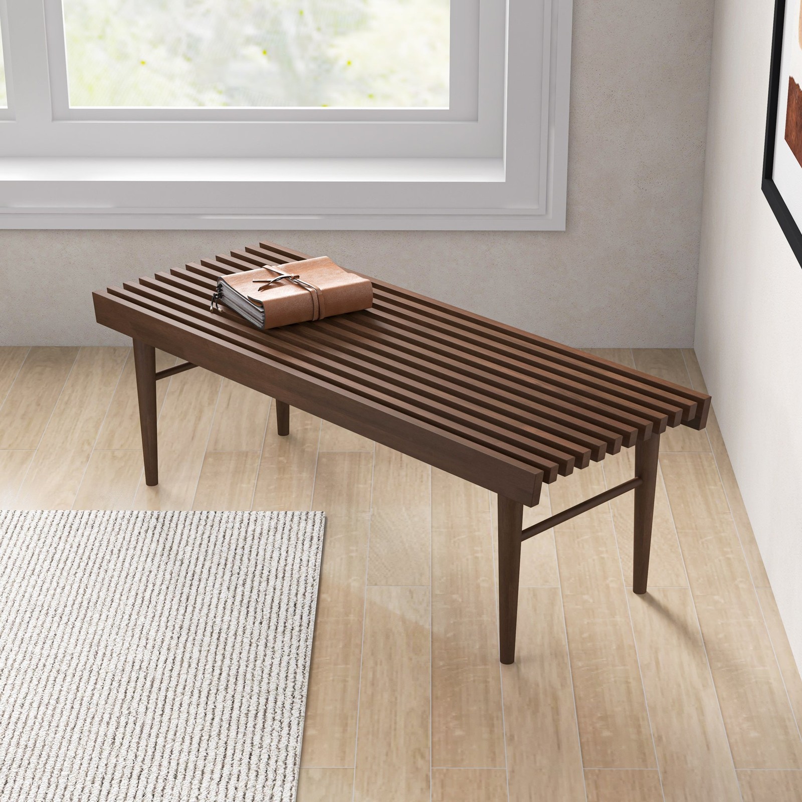 47.2 Inch Solid Wood Bench Natural Walnut Stain Mid Century Modern Design