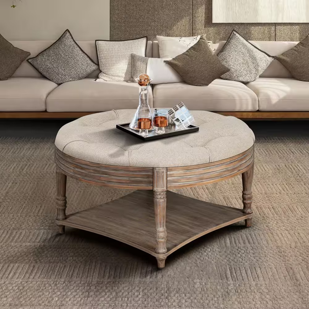 Waterproof Gray and Khaki Linen round Storage Medium Upholstered Ottoman