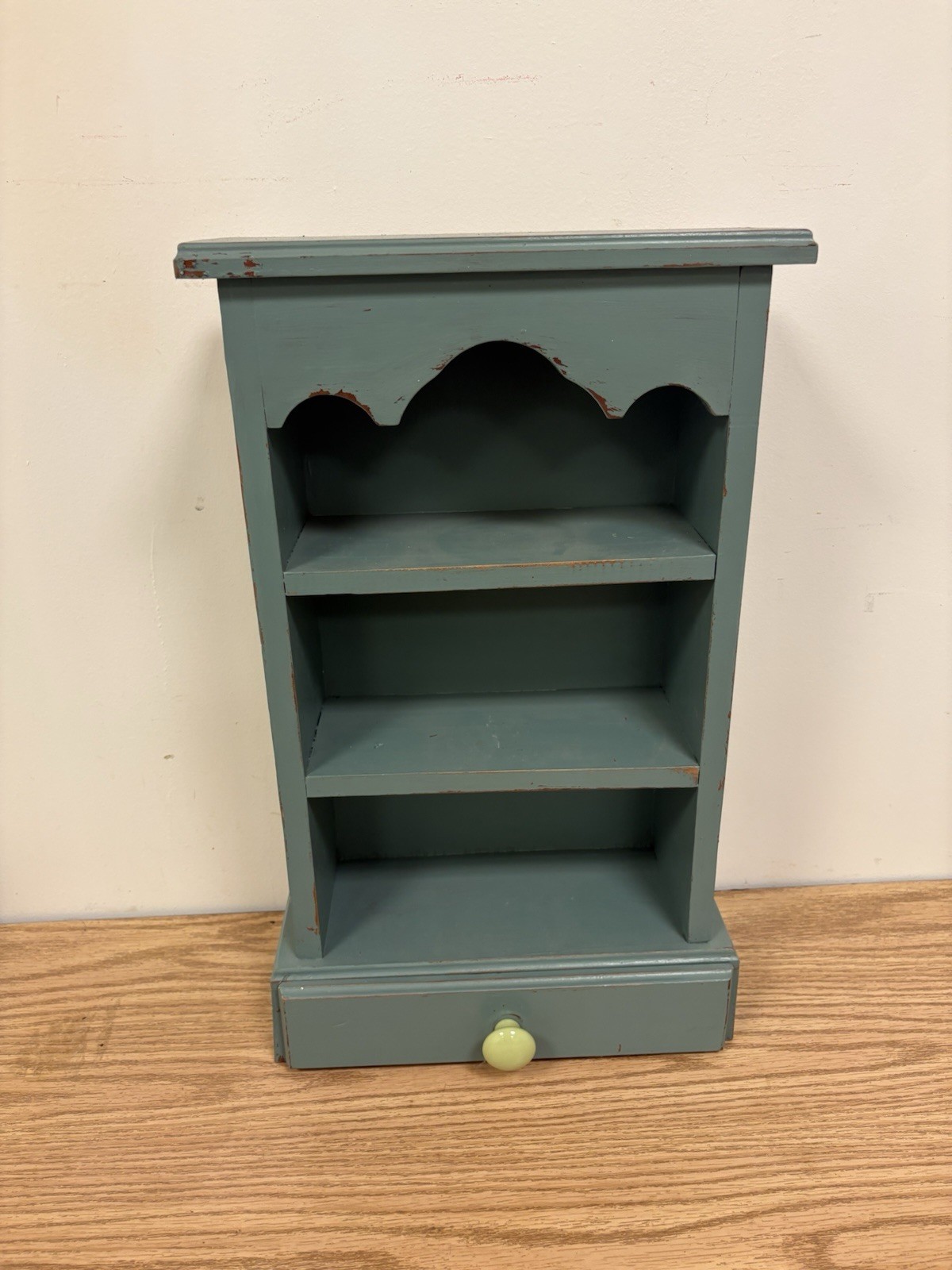 Vintage Farmhouse Cottage Three Tier Painted Wood Wall Shelf with Drawer