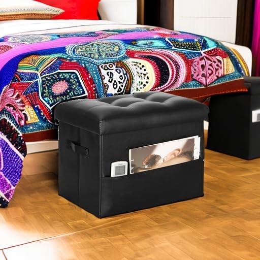 Foldable Leather Storage Ottoman Foot Rest Stool 350lb 17x13x13 In Black