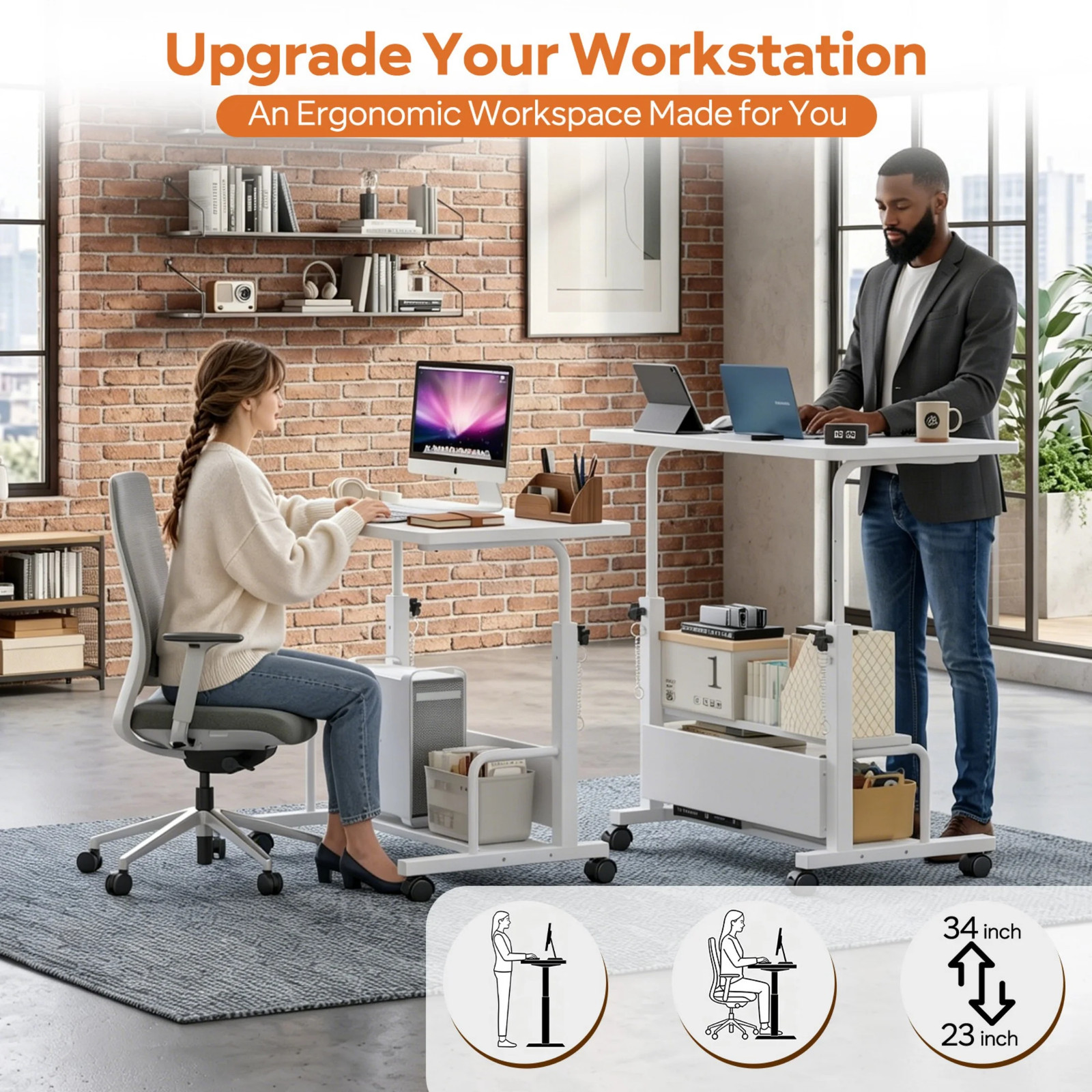 31.5” Adjustable Height Rolling Computer Desk with Storage Shelves, Portable