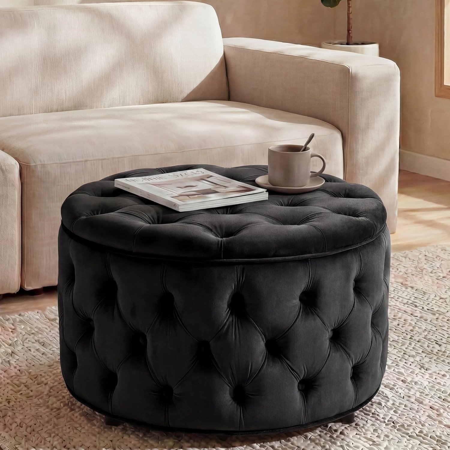 Homebeez 28 Inch round Storage Ottoman, Velvet Button Tufted Ottoman, Removable