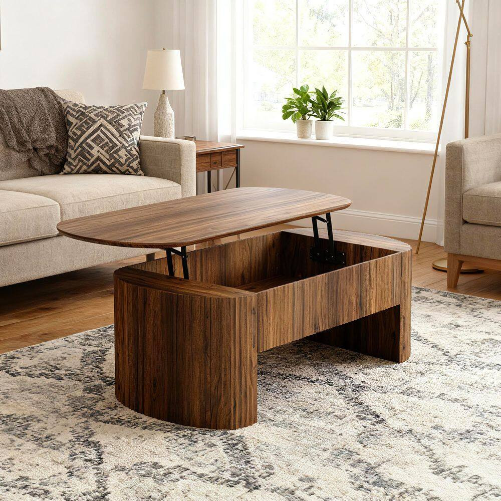 47.24″ In. L X 23.62″ In. D Brown Oval Wood Coffee Table with Lift Top and Stora