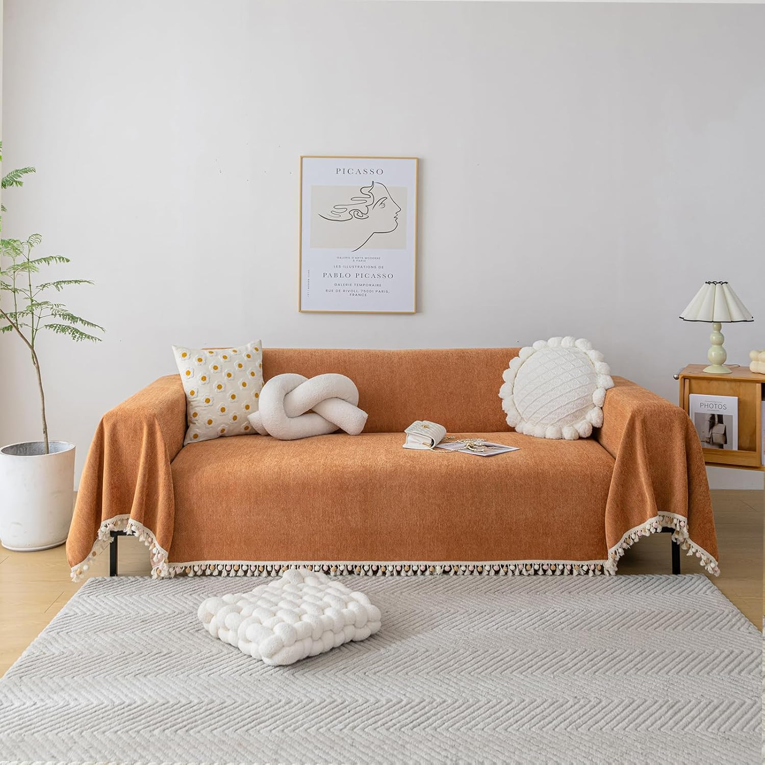 Boho Dark Orange Sofa Covers for Dogs with Colorful Tassels, 71″x118