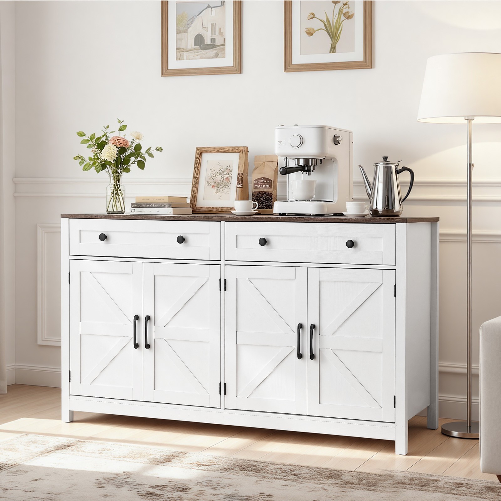 Uimoso Farmhouse Coffee Bar Cabinet with Drawer and Sliding Barn Doors, White