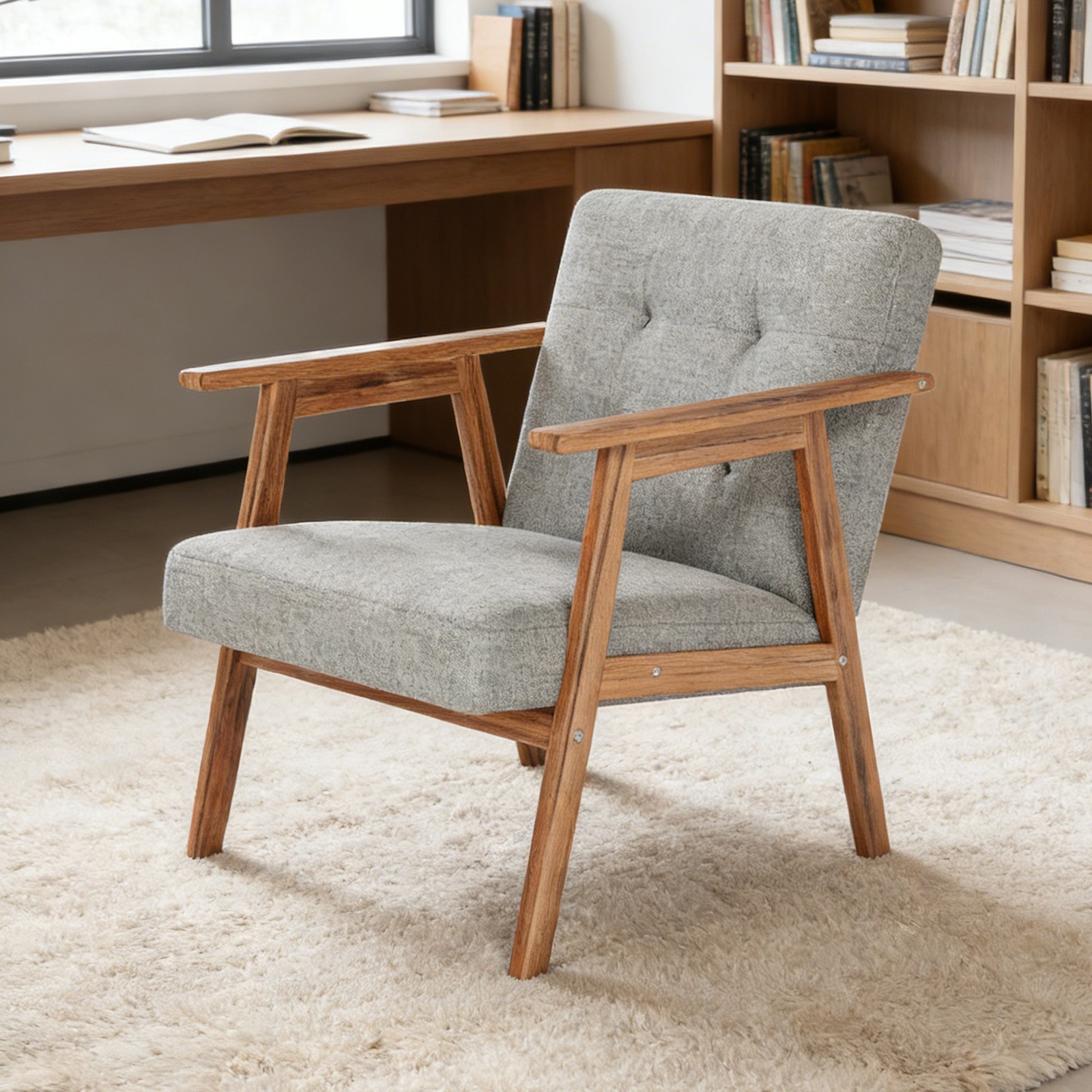 Light Grey Modern Accent Chair with Walnut Finish – Thick Cushion
