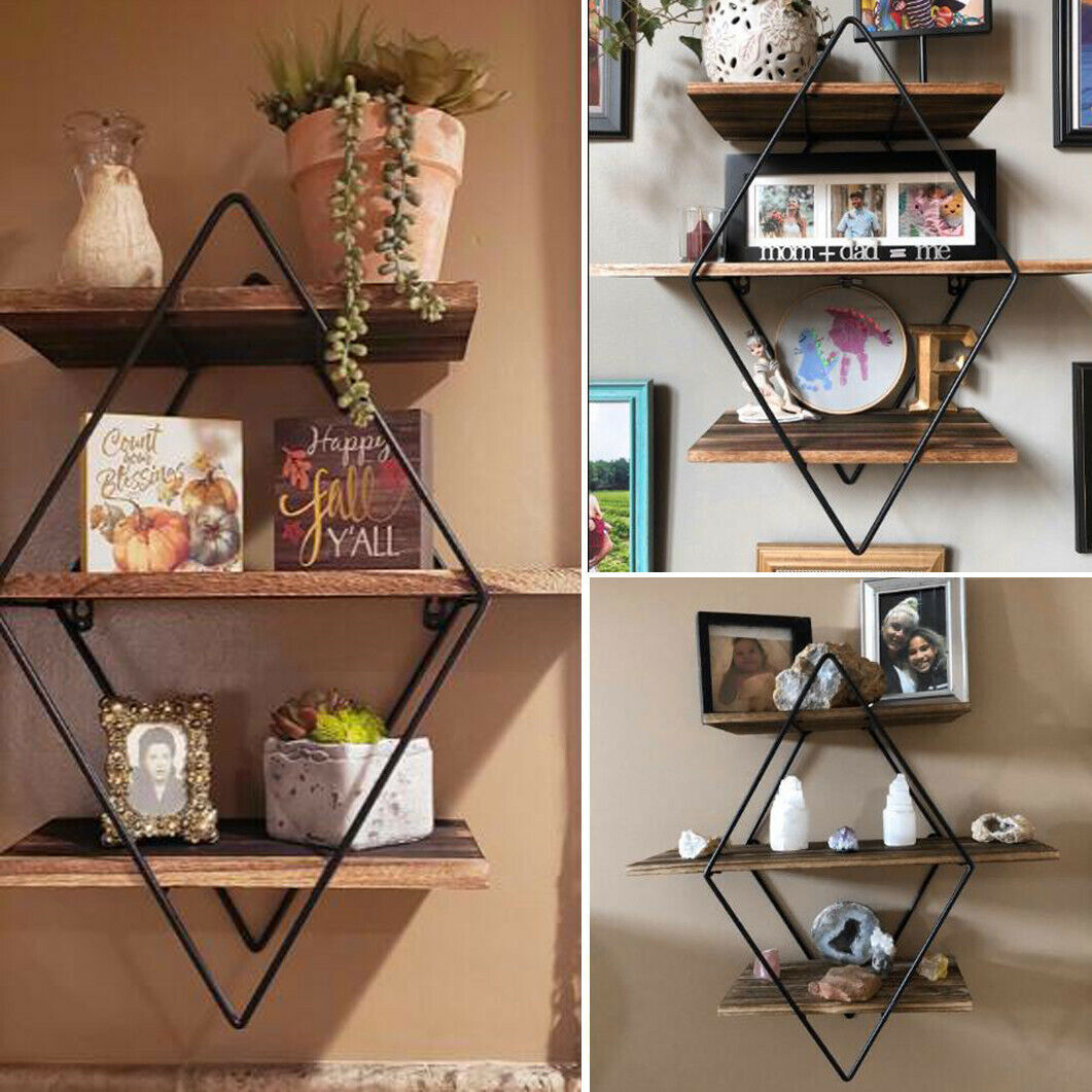 Geometric Diamond Wall Shelves 3 Tier Hanging Floating Display Shelf Decor 20″