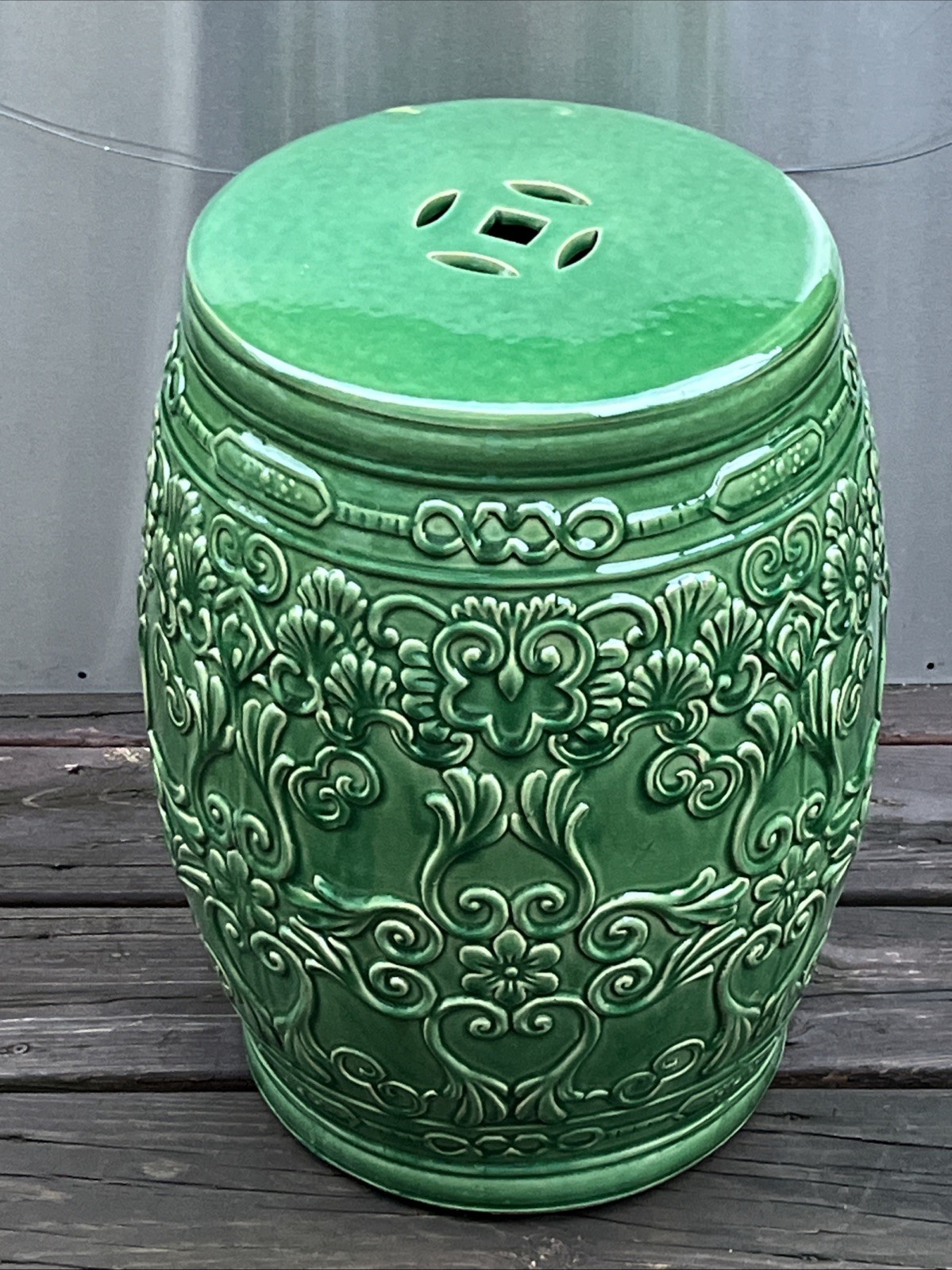 Green Oriental Round Ceramic Garden Stool Table 19” H x 13.5” Dia.