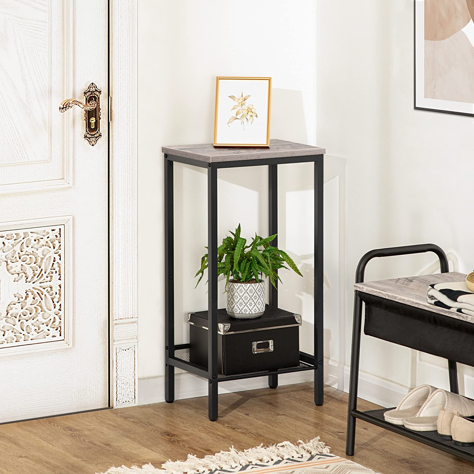 Tall Side Table Industrial End Telephone Table Adjustable Mesh Shelves