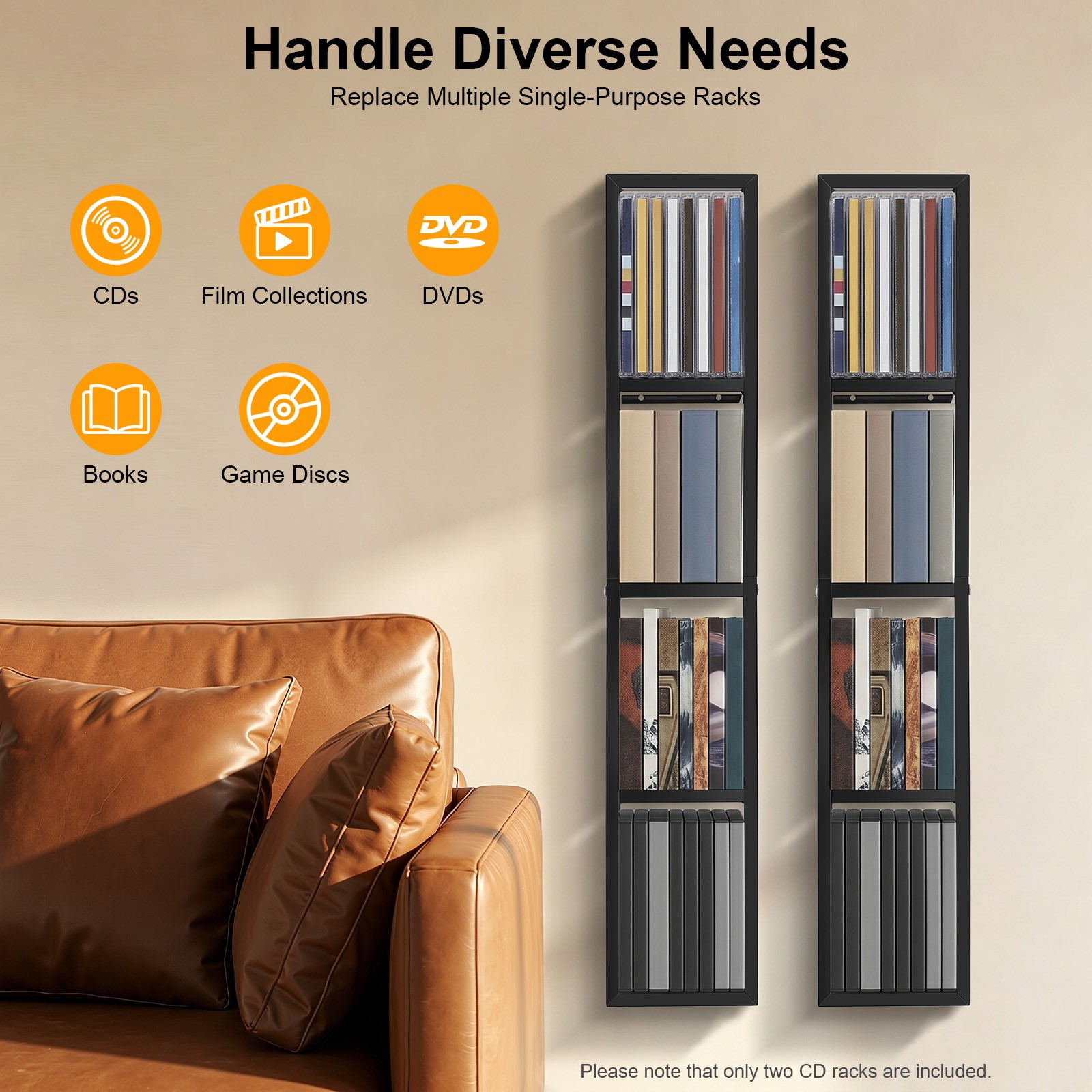 ‌2Pcs 34” Wall Mount Black Media Storage Rack CD DVD Organizer Metal Shelf