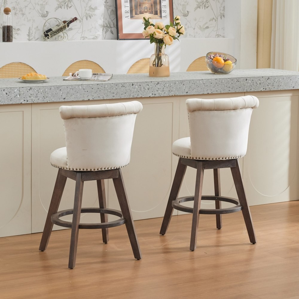 26″ 360° Swivel Counter Height Bar Stools Set of 2 Tufted Button Trimmed Wood
