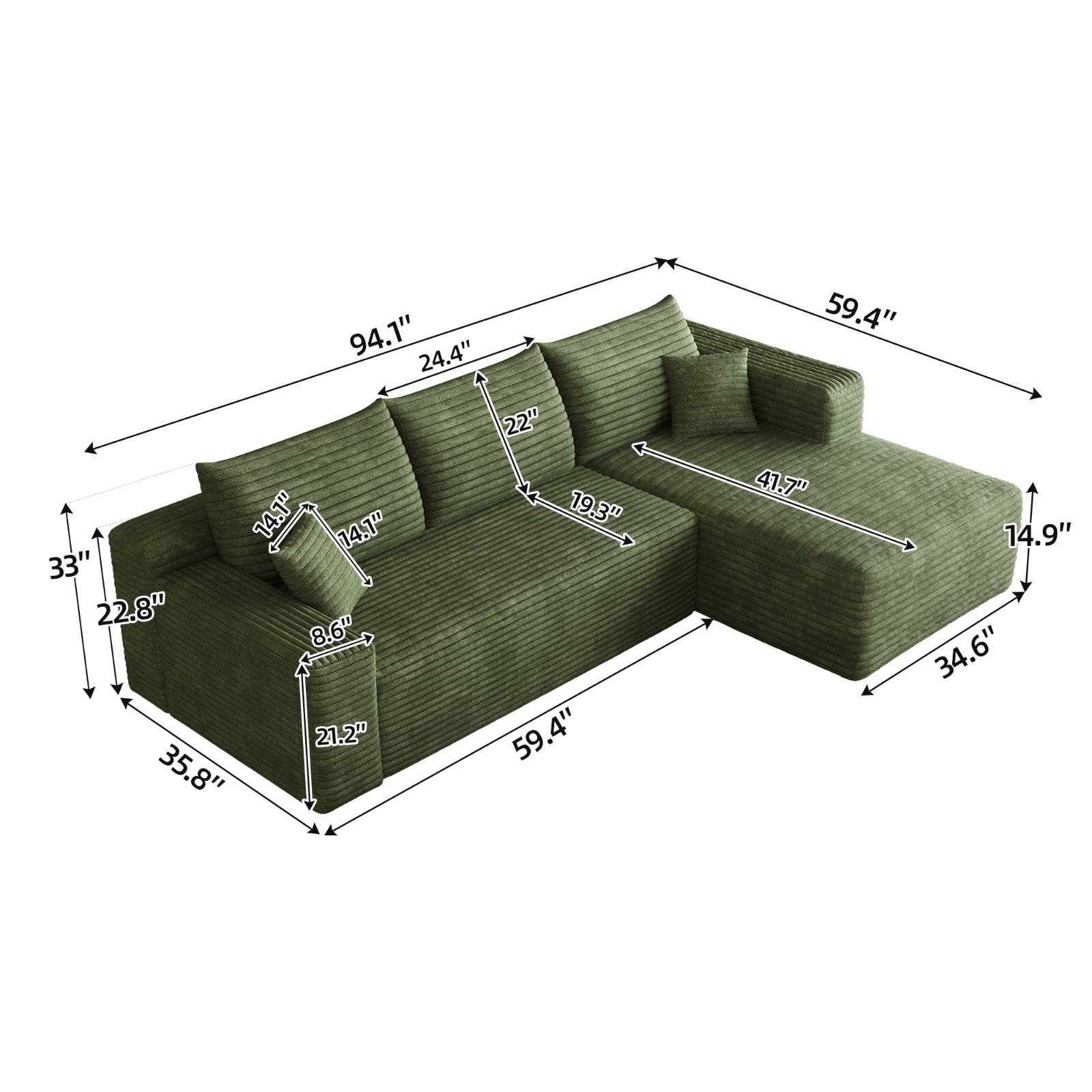 95″ Boneless Couch L Shape Sectional Cloud Sofa Set Right Chaise for Living Room