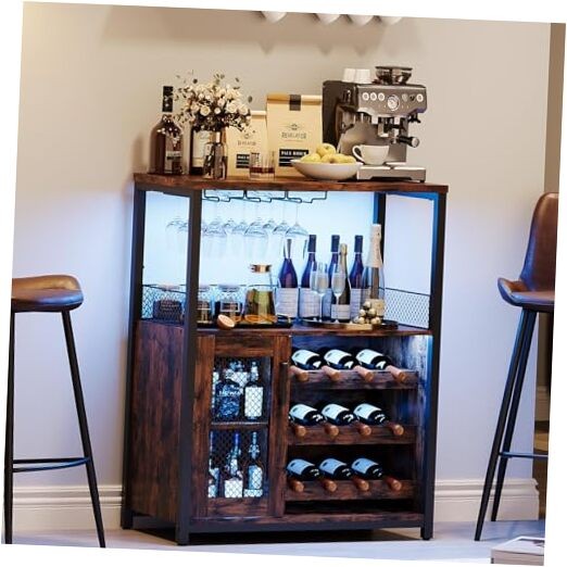 Rustic Brown Wine Bar Rack Cabinet with LED Light – Adjustable – Rustic Brown