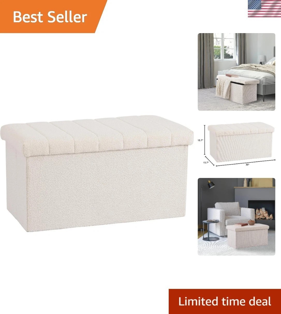 Stylish 30″ White Boucle Ottoman with Secret Storage – Perfect for Any Room