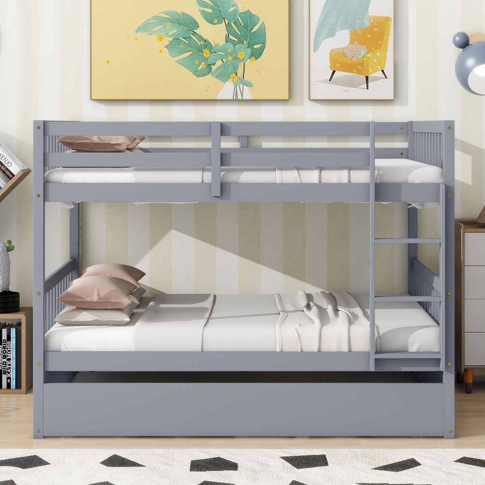 Full over Full Wood Bunk Bed w/ Trundle & Ladder, Convertible to 2 Beds, Gray