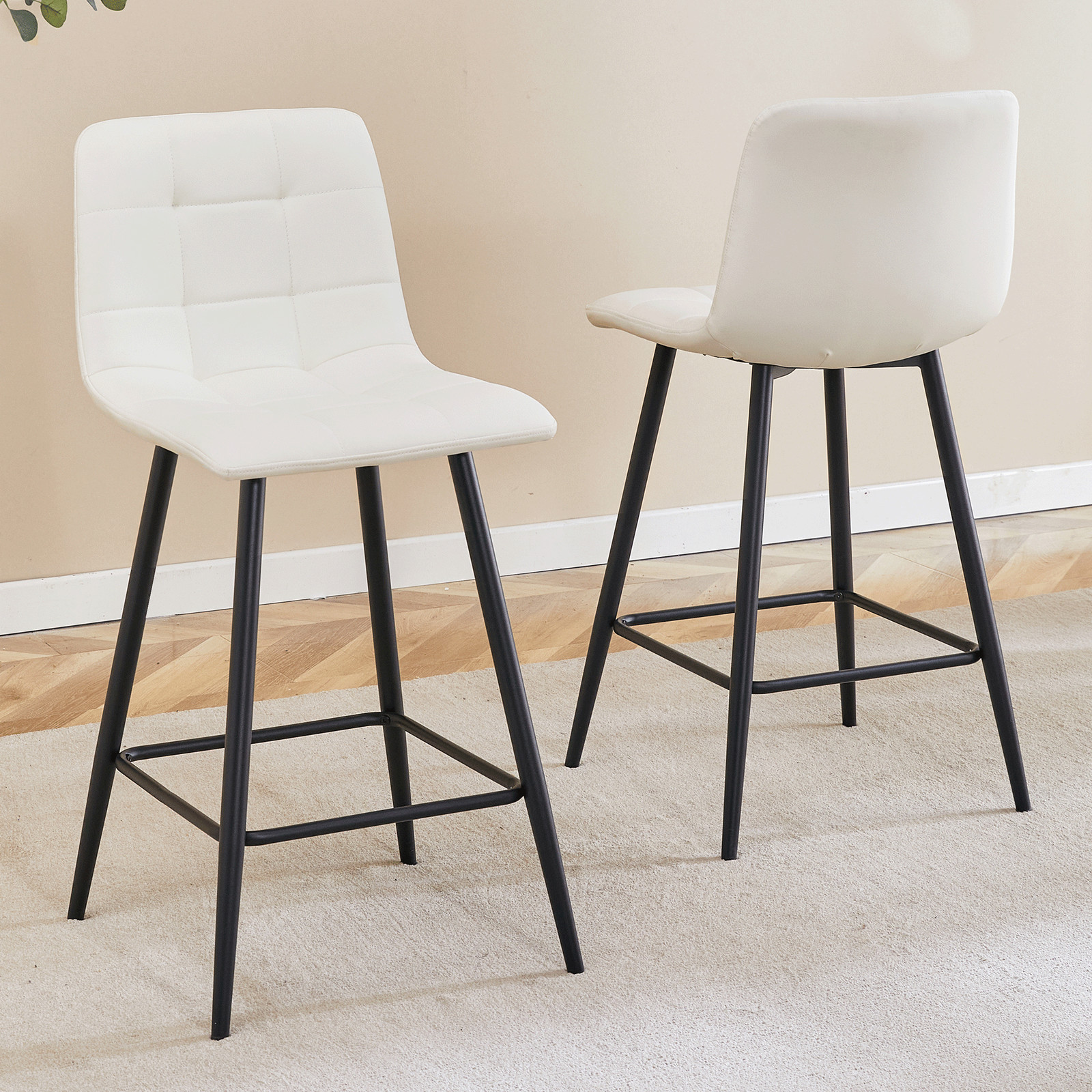 2Set Counter Height Bar Stools White PU Leather Barstools 24.4″Height Bar Chairs