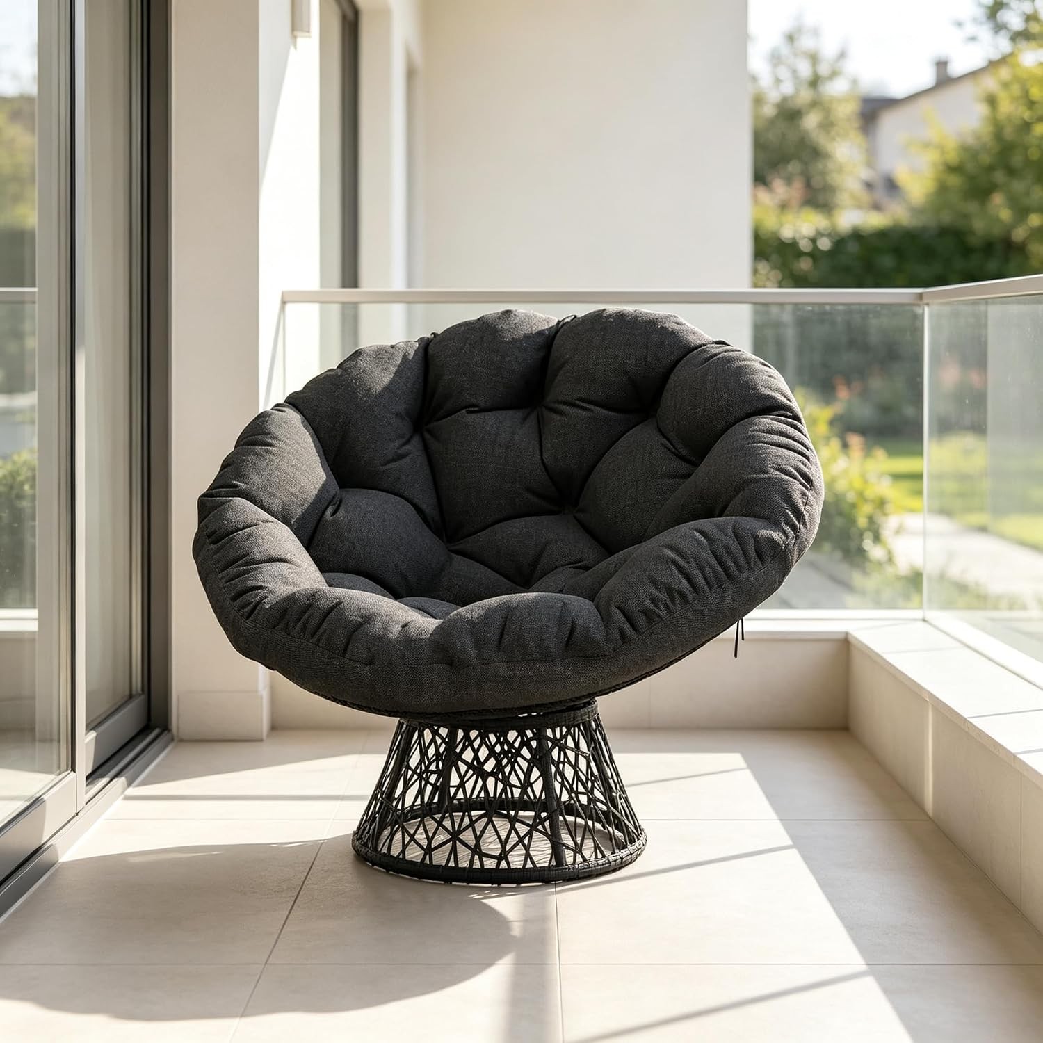 37in Black 360° Swivel Papasan Chair Wicker 6in Cushion 350lbs Weight Capacity