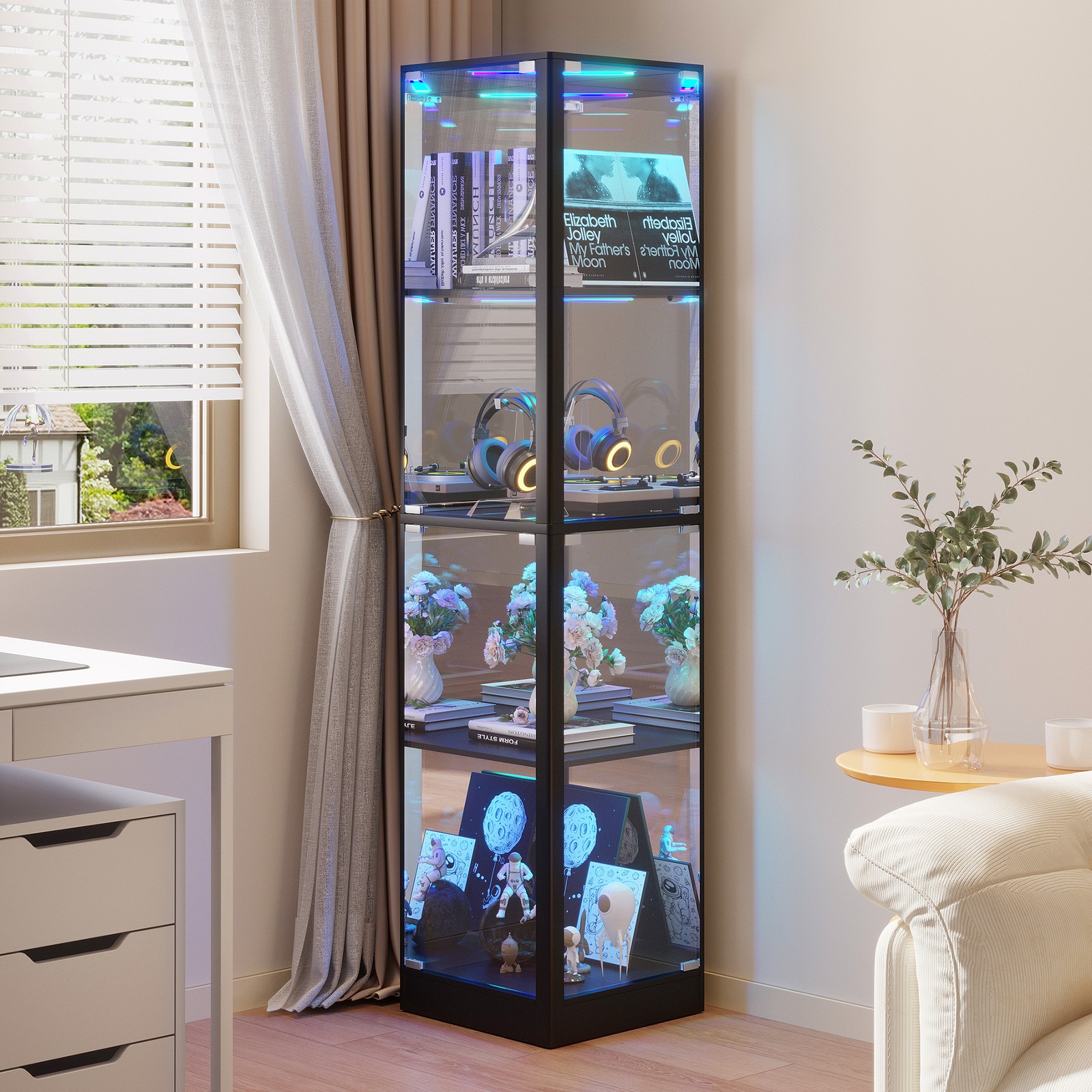 Glass Display Cabinet with RGB Lights, Corner Curio Cabinets for Collectibles
