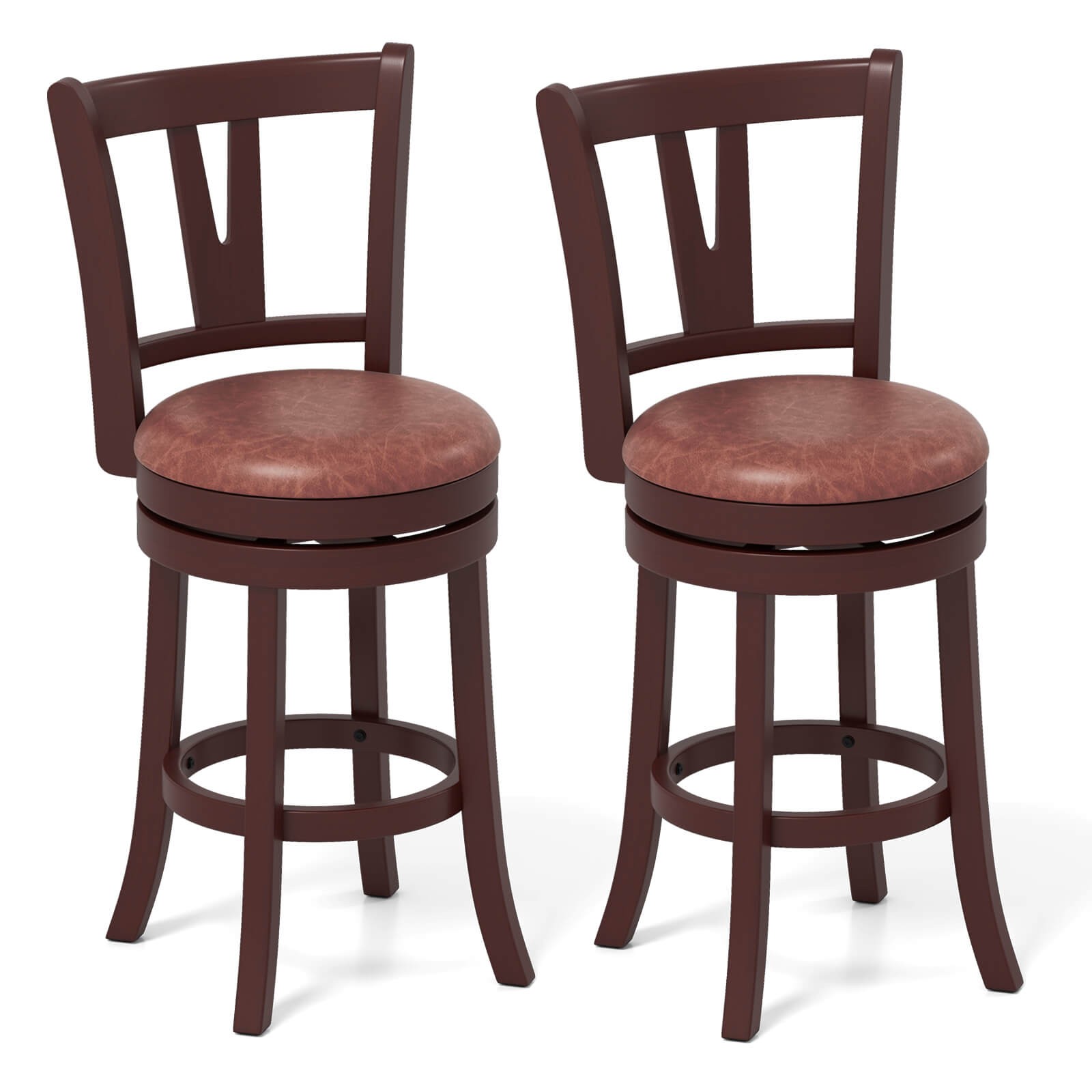 26″ Counter Height Swivel Barstools Set of 2 High Backs and Footrests Solid Wood