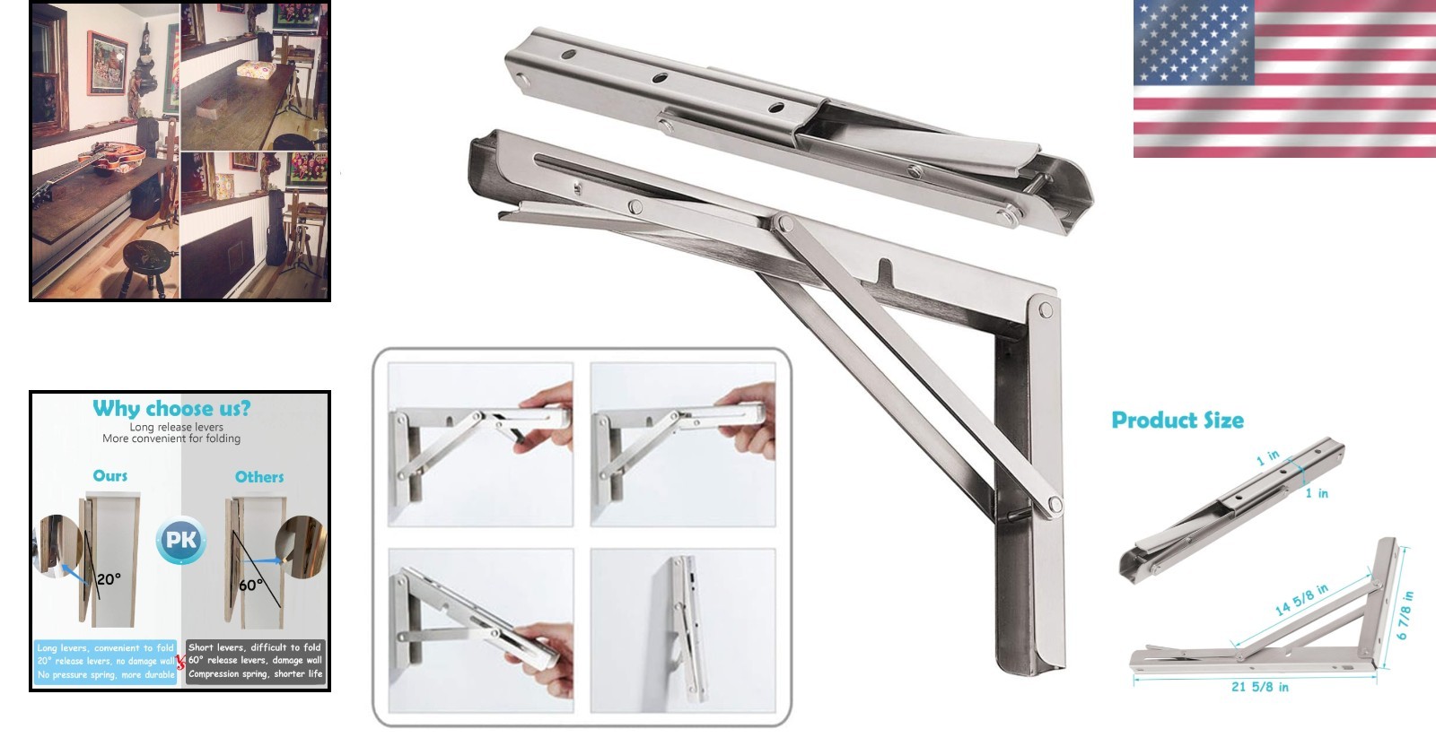 Ultimate 22” Folding Shelf Brackets – 440 lb Support, Stainless Steel Set of 2