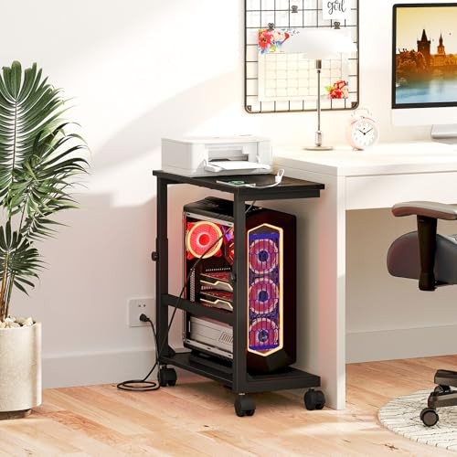 Computer Tower Stand with Charging Station, 25.0″ Large with Outlet Black