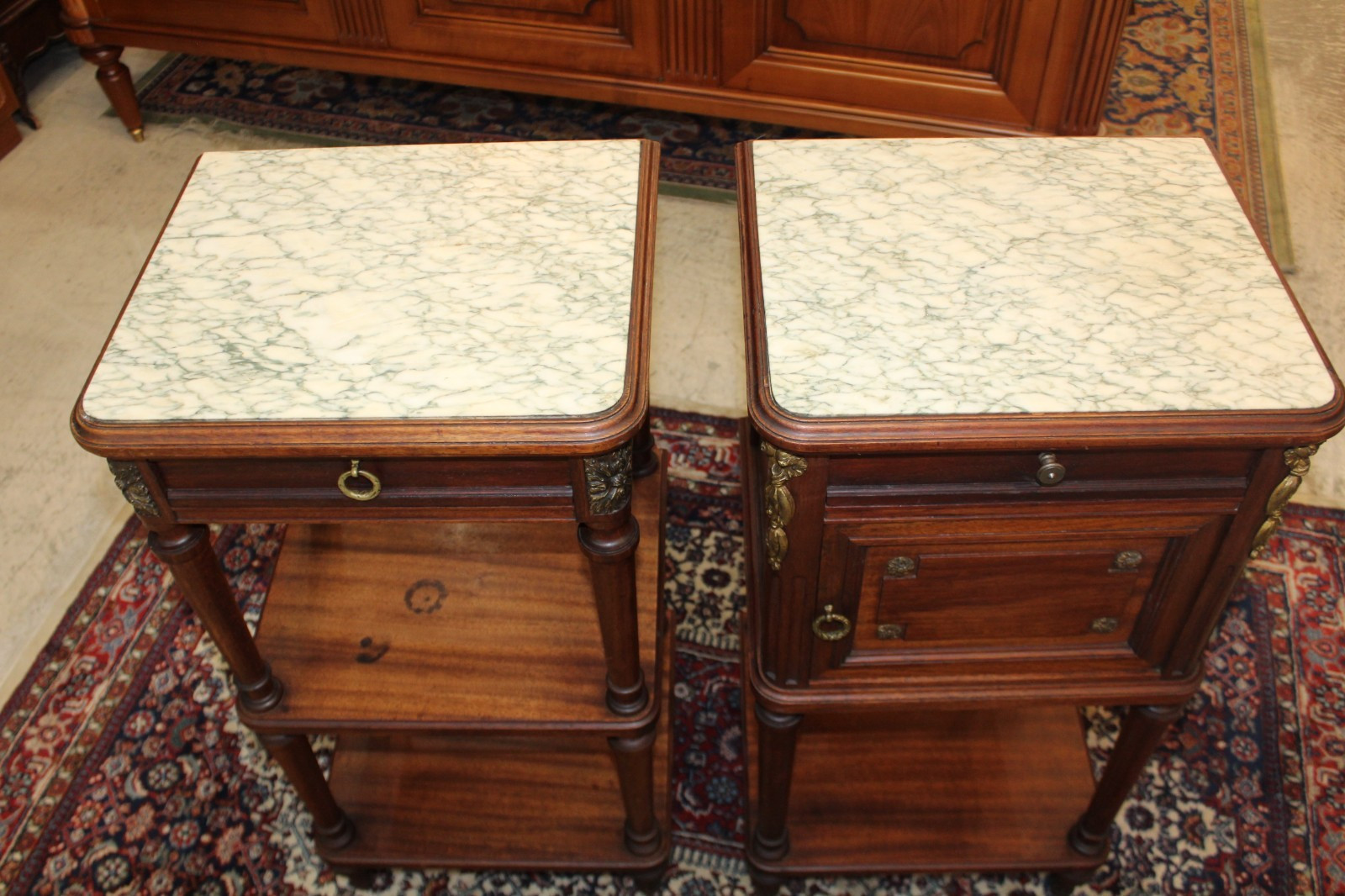Pair of French Antique Louis XVI Mahogany Nightstands / Bedside Tables