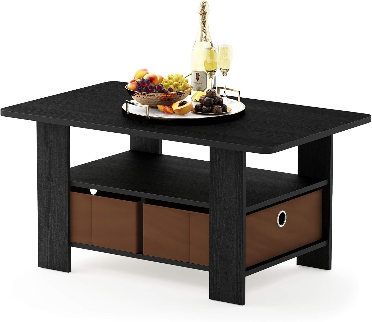 Elegant Engineered Wood Coffee Table with Dual Storage Bins in Medium Brown