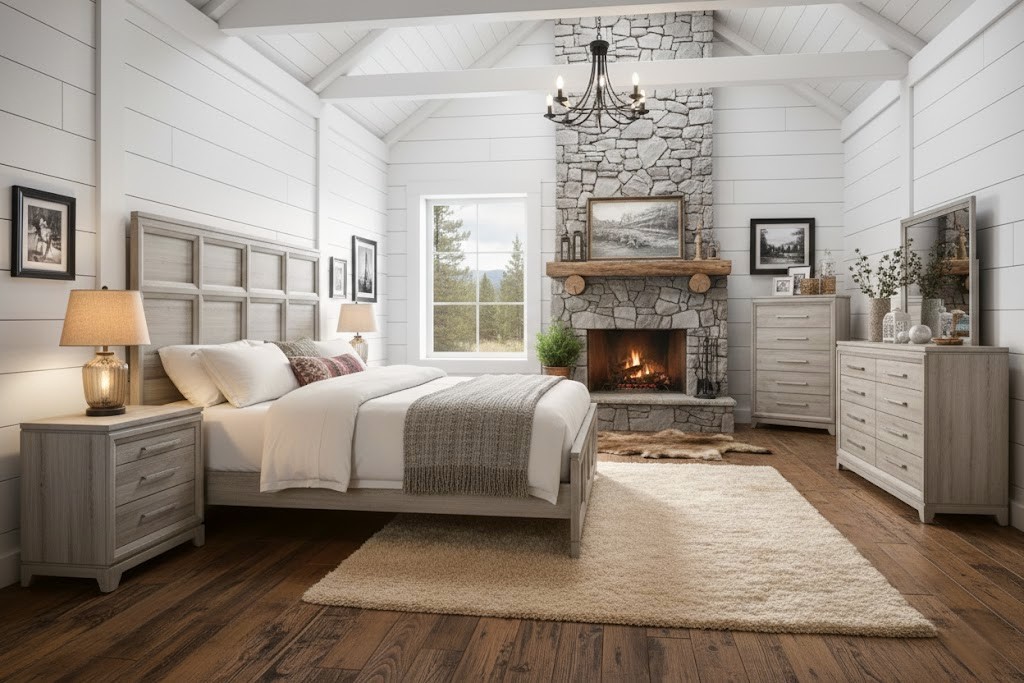 NEW Queen King Modern Farmhouse Rustic Gray 5PC Bedroom Set Furniture B/D/M/N/C