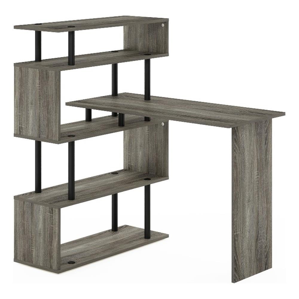 Pemberly Row L-Shape Computer Desk with 5-Tier Shelves in French Oak/Black