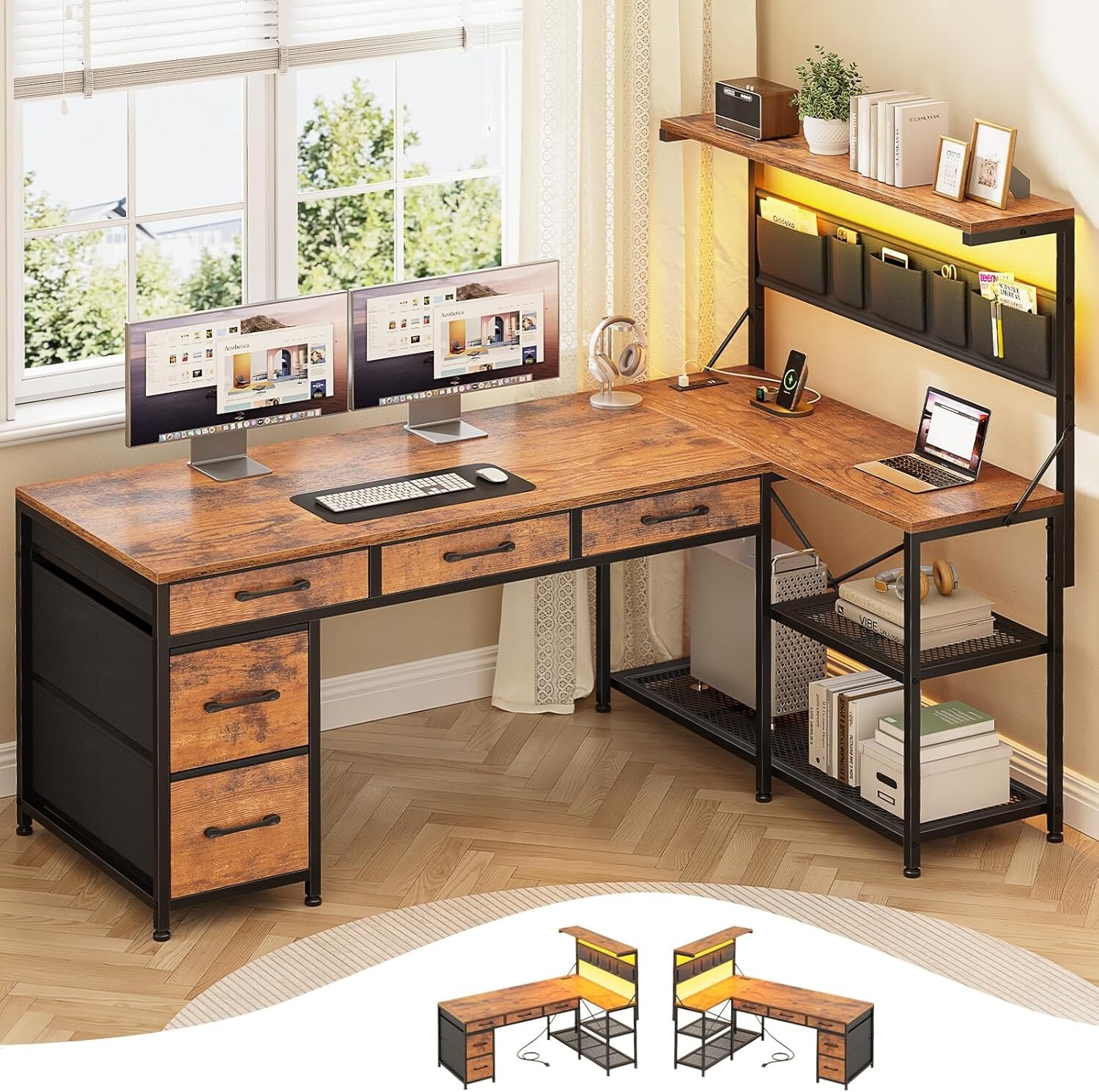Corner Computer Desk, Reversible L Shaped office Desk with 5 Drawers &LED Lights