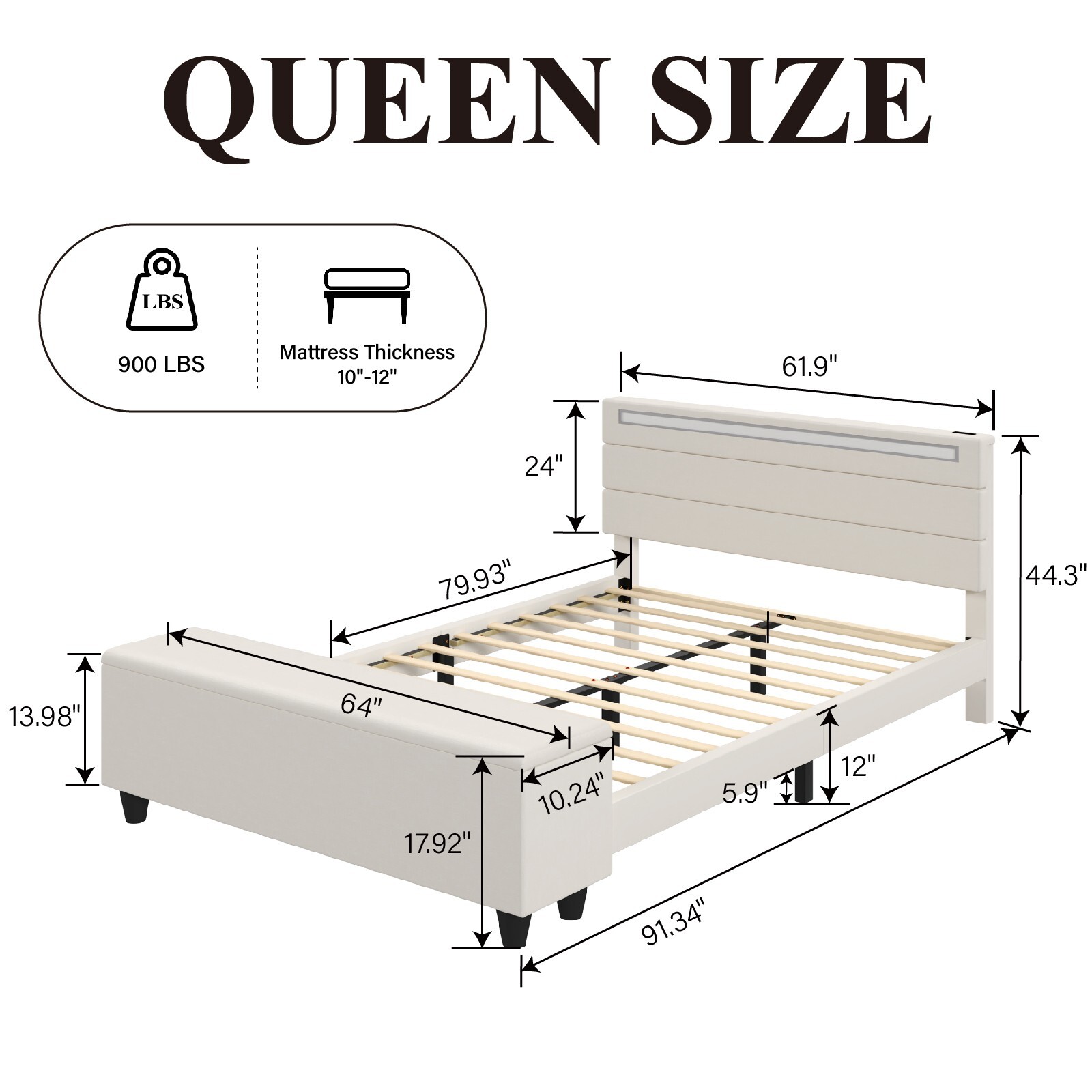 Queen/Full Bed Frame with Storage/Upholstered Headboard with Charging Station