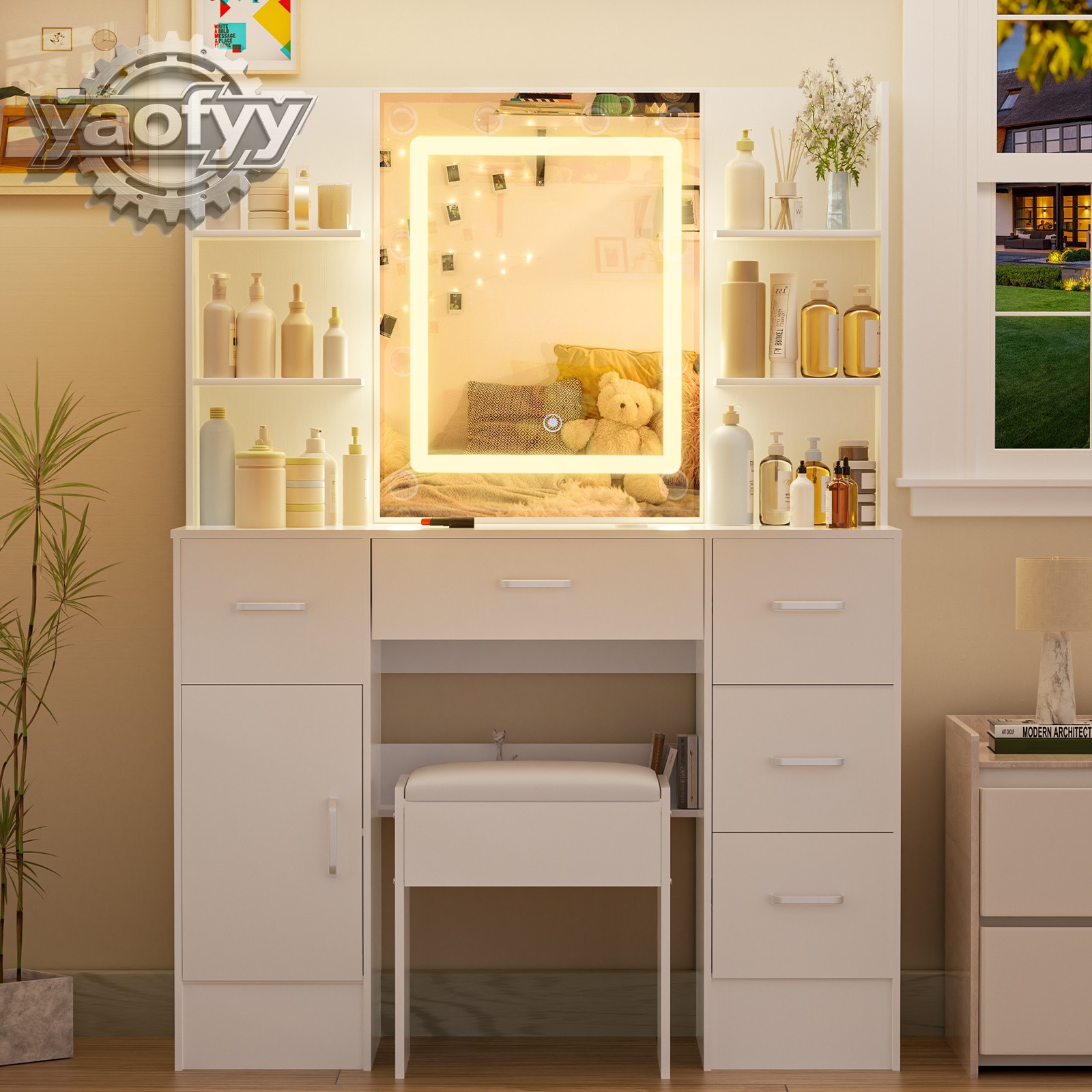 Makeup Vanity Set with Mirror and Adjustable LED Lights Dressing Table and Stool