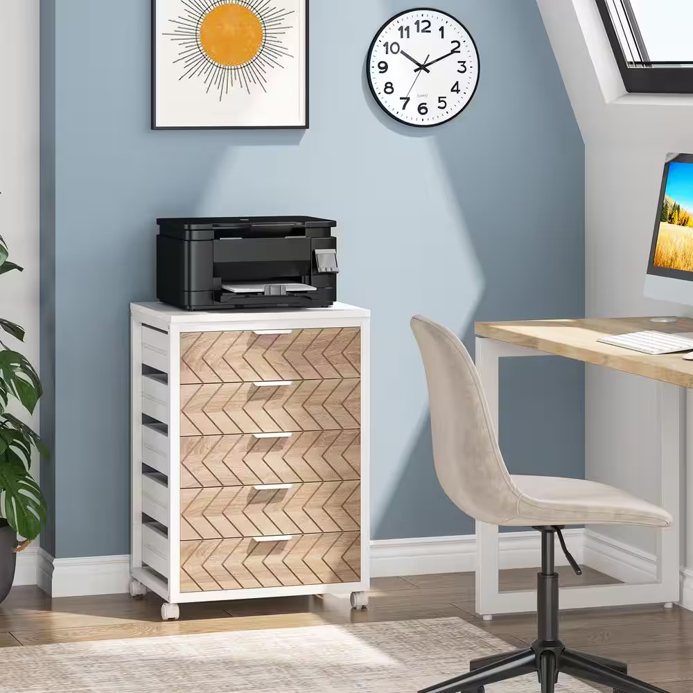 Rooney Beige 5 Drawer 19.6 In. Wide Dresser with Wheels, Drawer Chest, Wood Stor