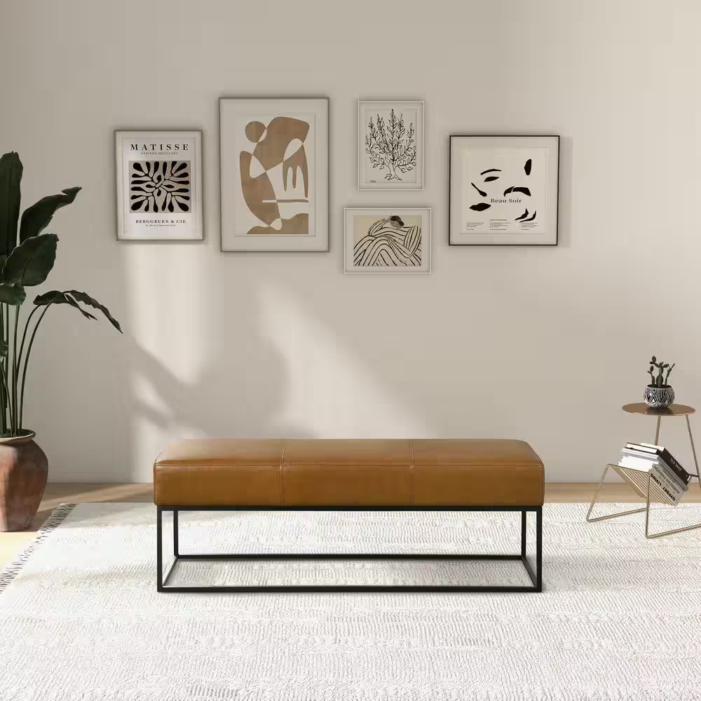 Trevino 48 In. Mid-Century Modern Genuine Leather Bedroom Bench in Tan