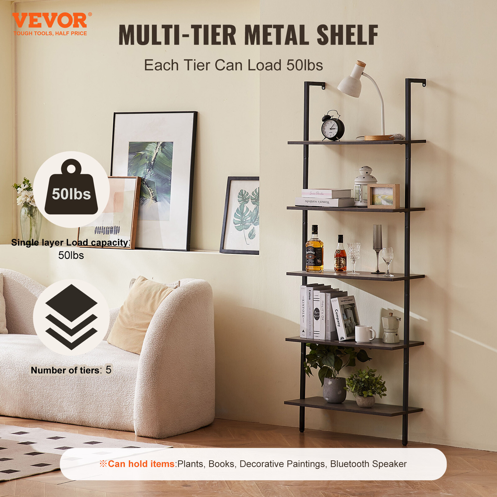 VEVOR Industrial Square Pipe Shelf 5 Tier 24×11.8in Wall-Mount for Bedroom