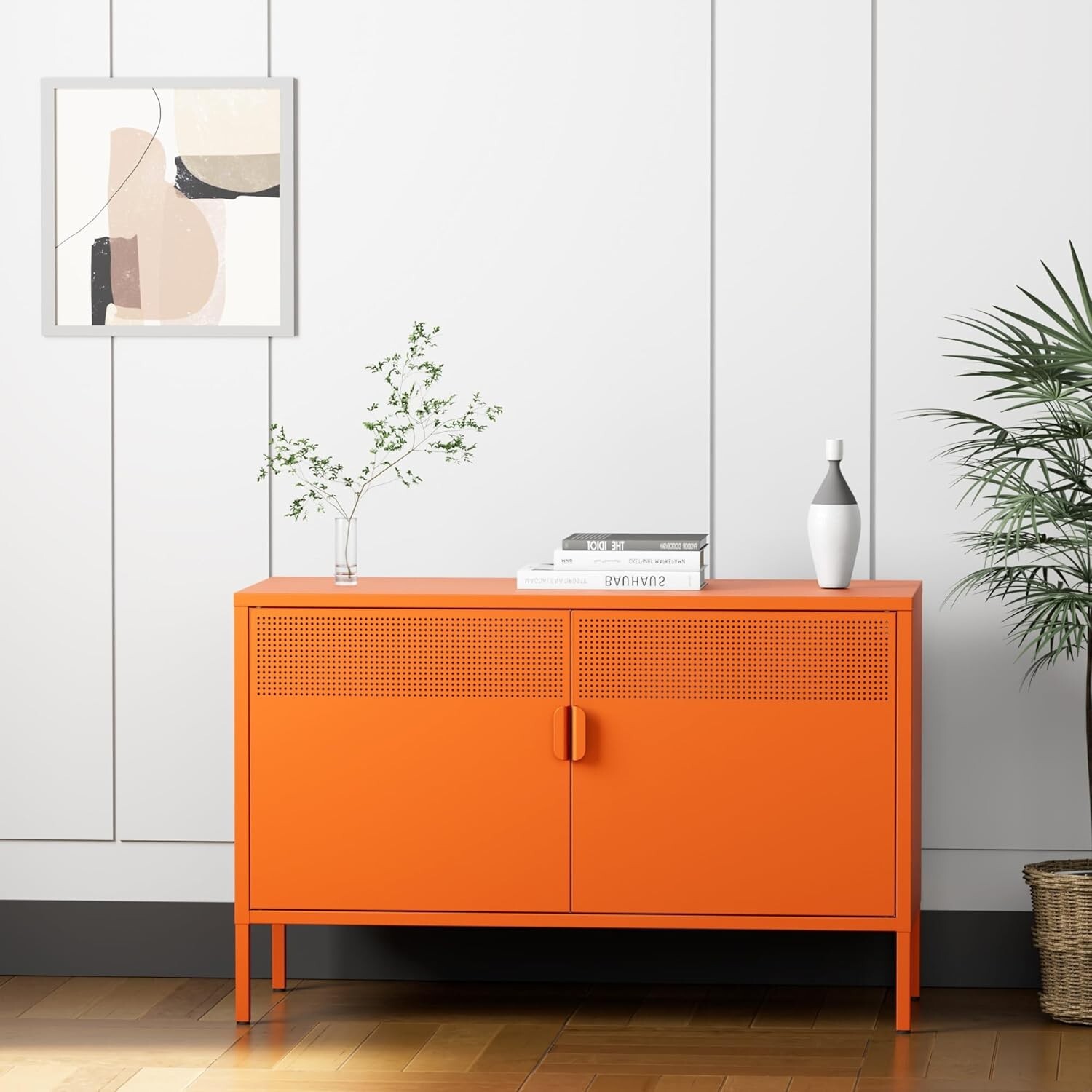 Elegro 25″Orange Metal Sideboard Storage Cabinet For Home,Office,Entryway,Garage