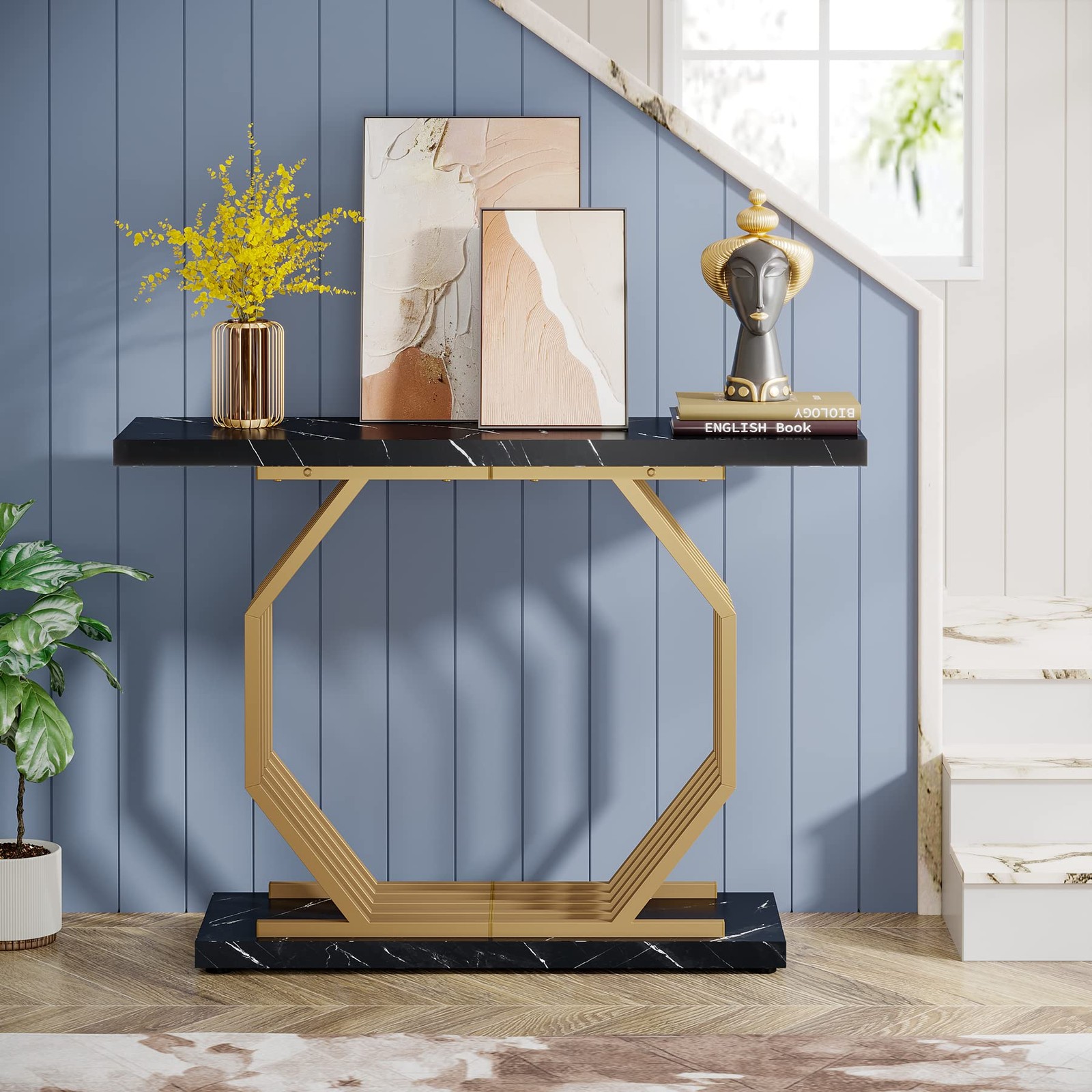 Gold Console Table, Faux Marble Entryway Table Narrow Sofa Table with Geometr…