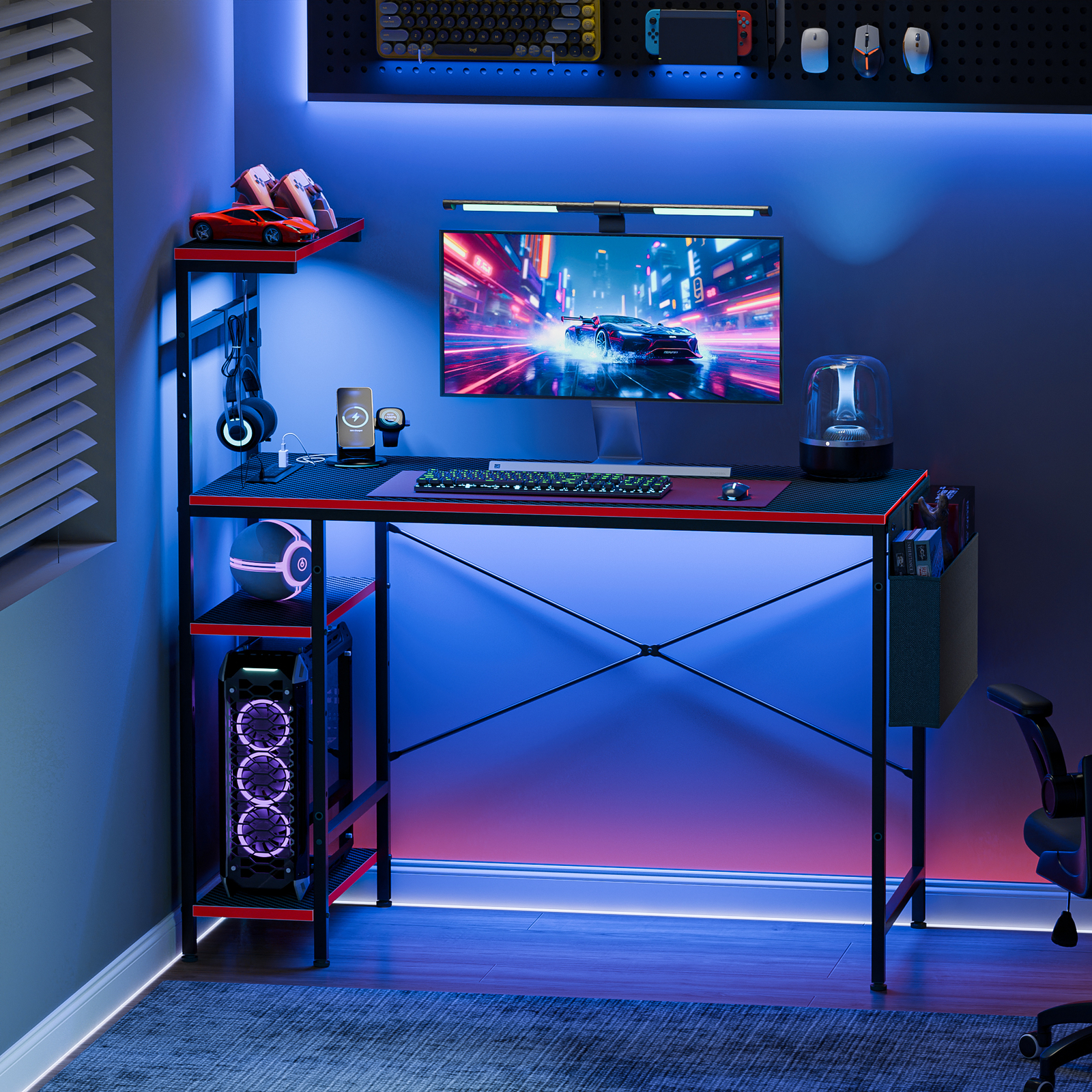 Computer Desk with Power Outlets 44 Inch LED Gaming Table with Side Storage Bag
