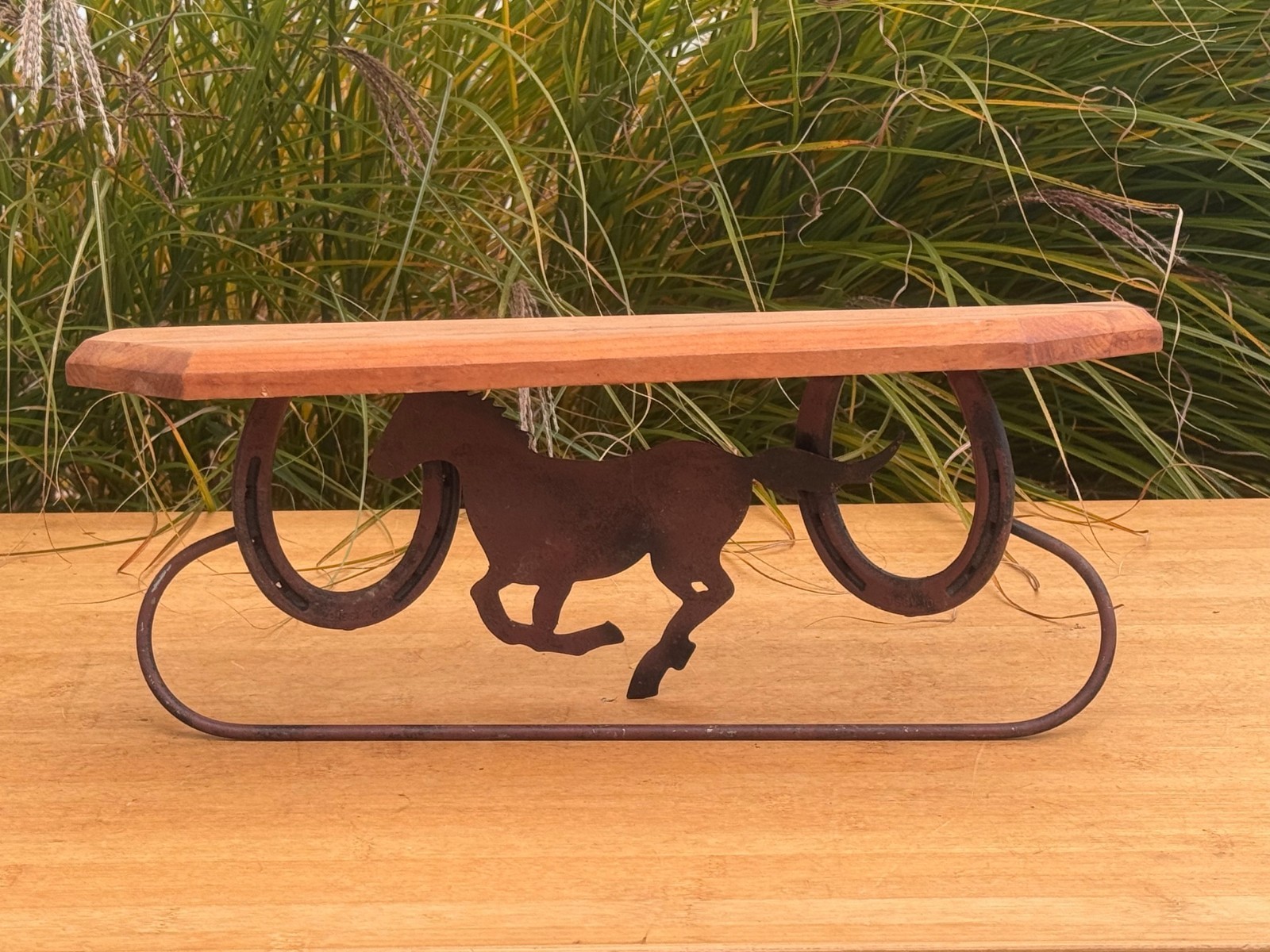 Rustic Wood Shelf With Metal Horse Shoes ~ Running Horse