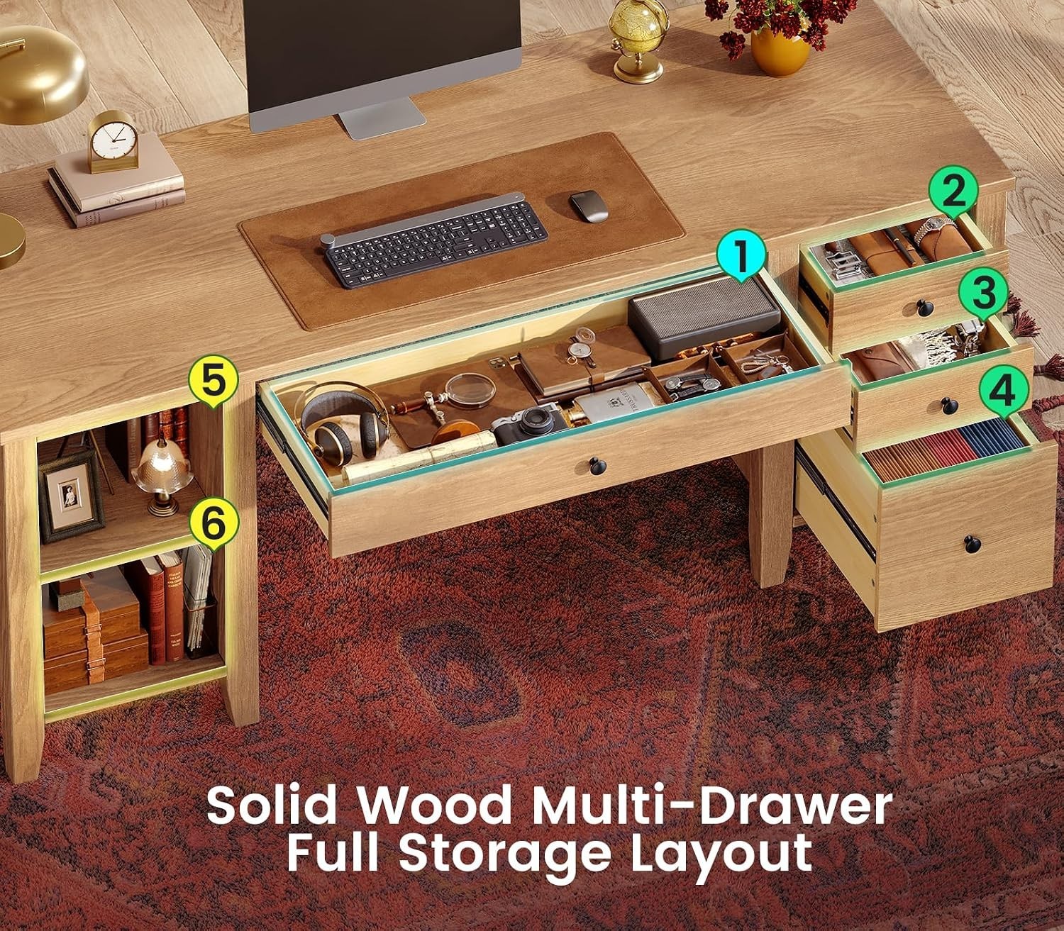 58.3″ Solid Pine Wood Computer Desk w/4 Drawers &Storage Shelves for Home Office