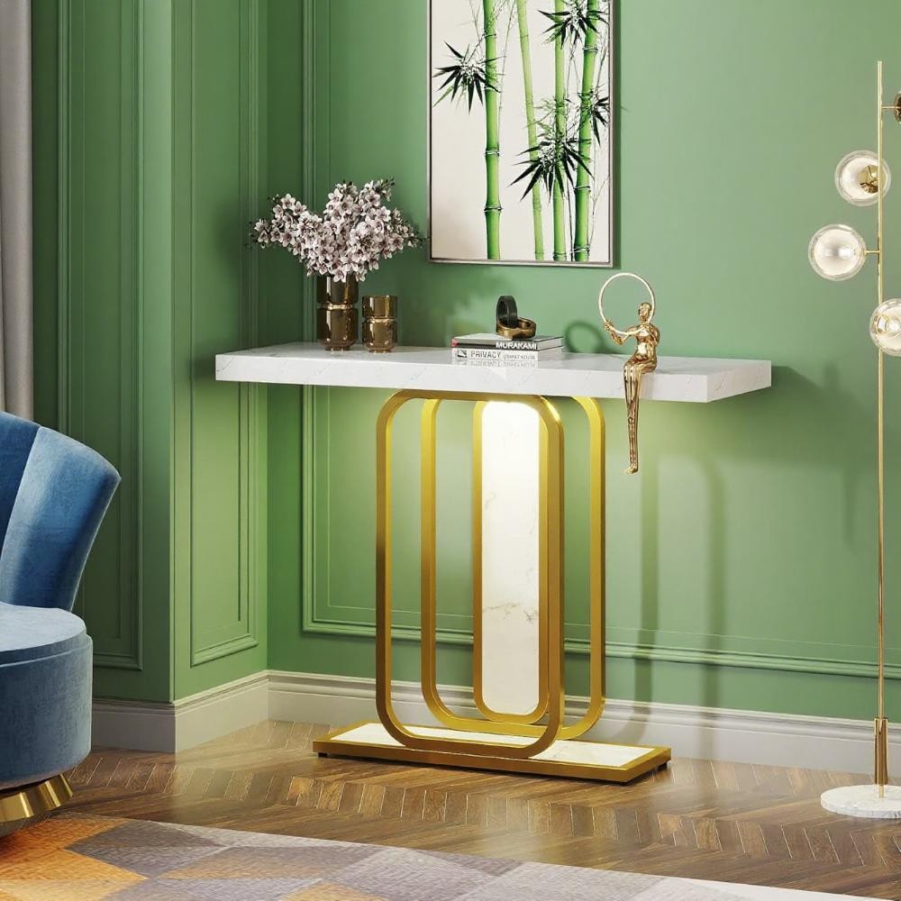 Console Table Sofa Table with A Faux Marble White Finish with Gold Metal Frame