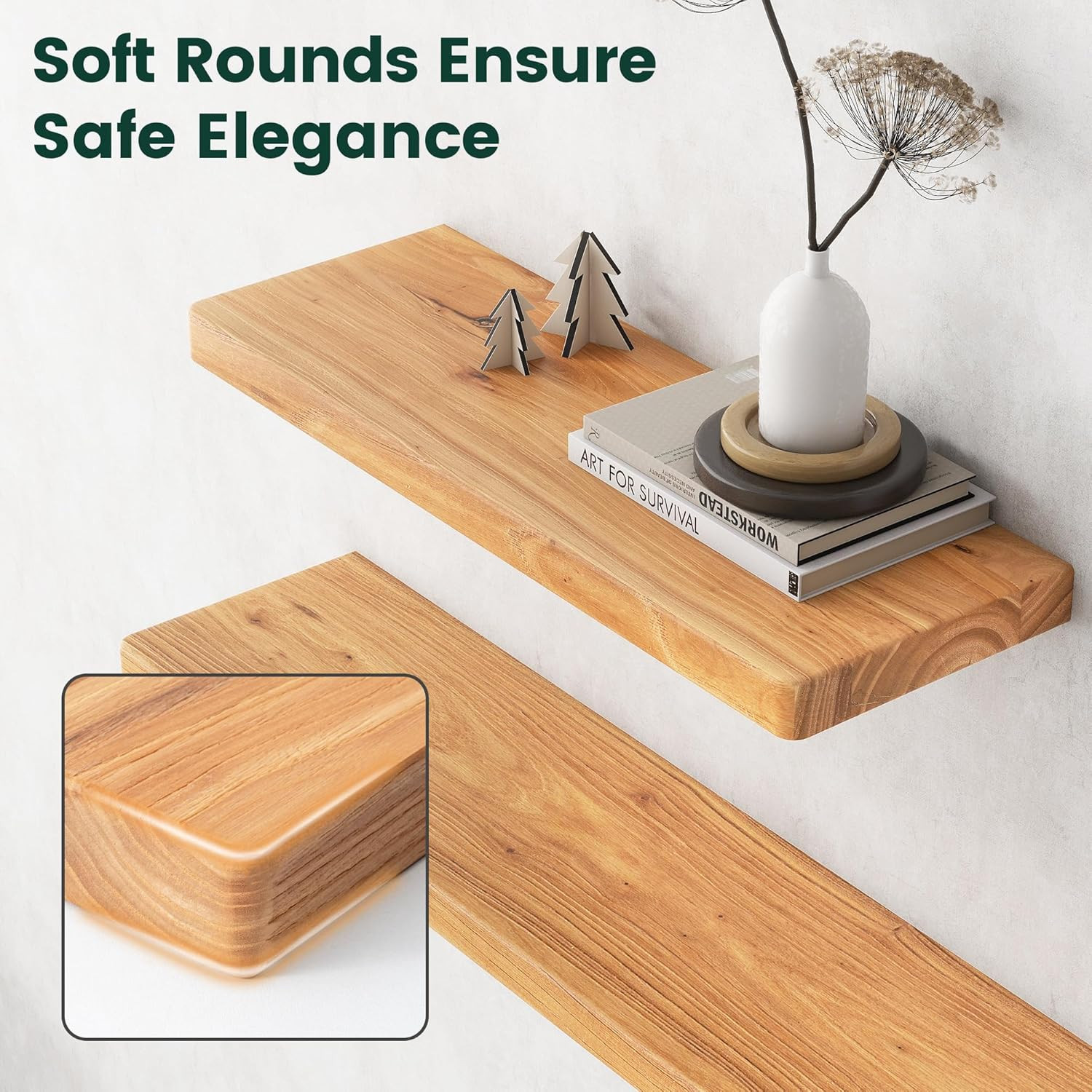 36″ Solid Elm Floating Shelves – Set of 2, Heavy-Duty Wall Mounted, Natural Colo