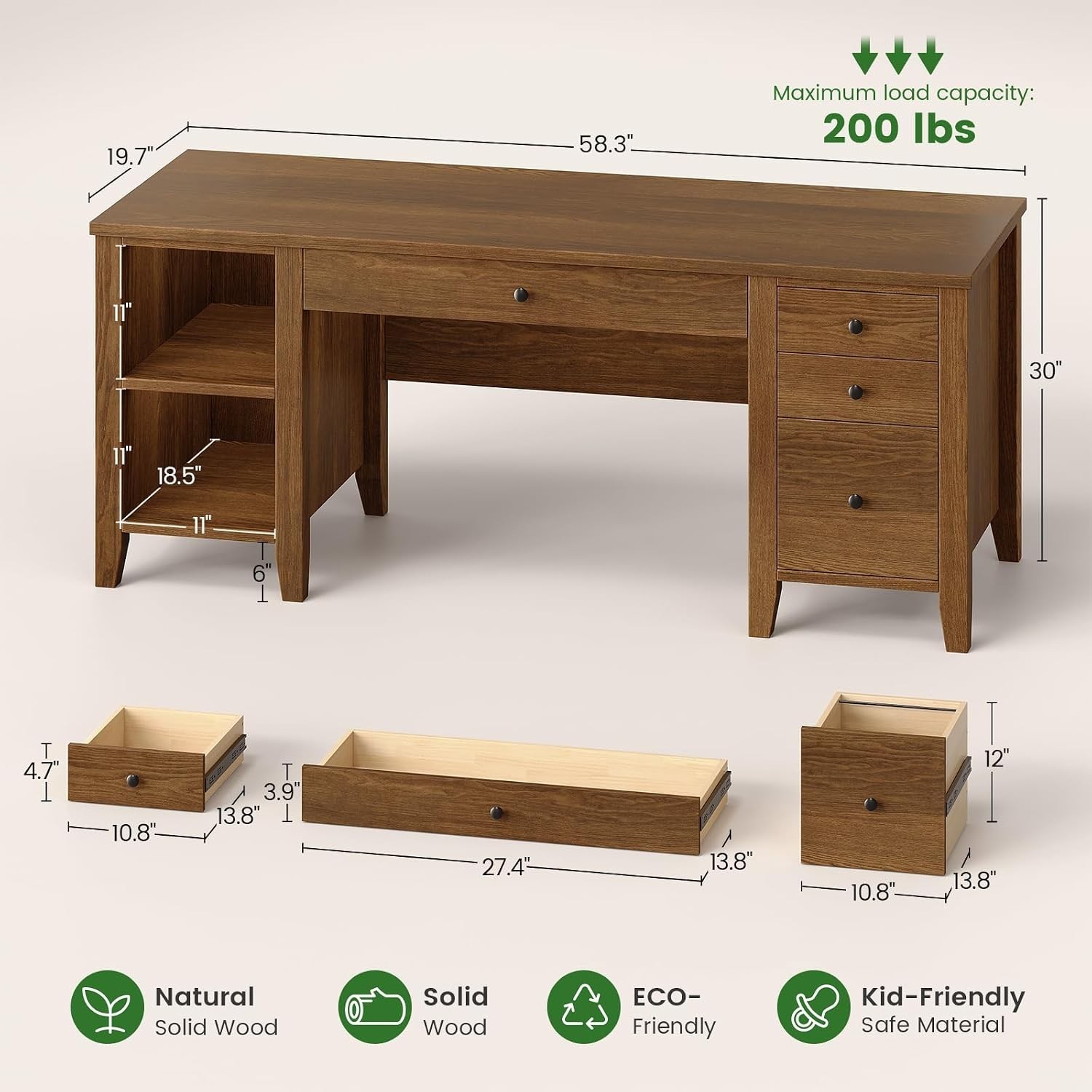58.3″ Solid Pine Wood Computer Desk w/4 Drawers &Storage Shelves for Home Office
