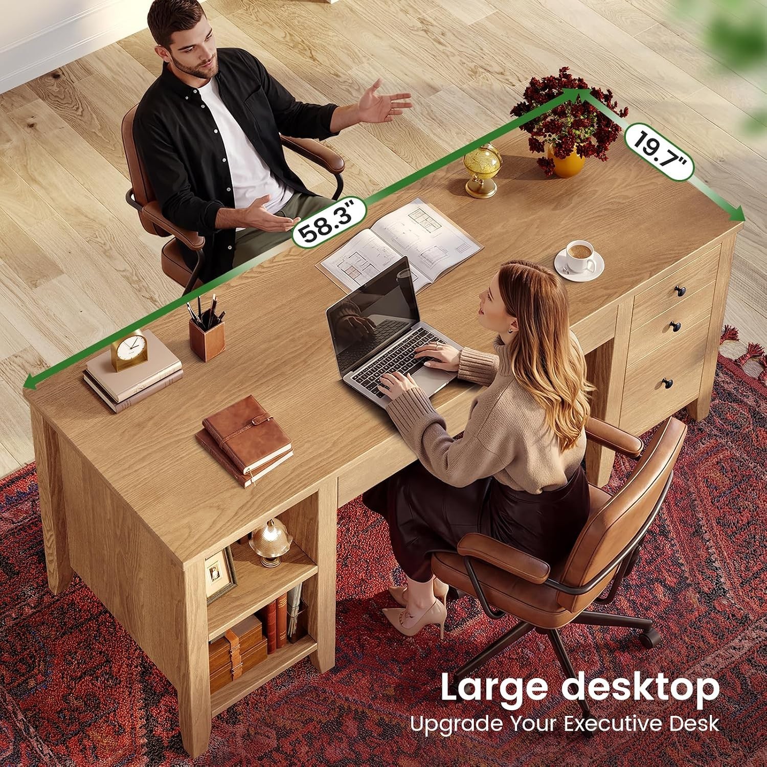 58.3″ Solid Pine Wood Computer Desk w/4 Drawers &Storage Shelves for Home Office