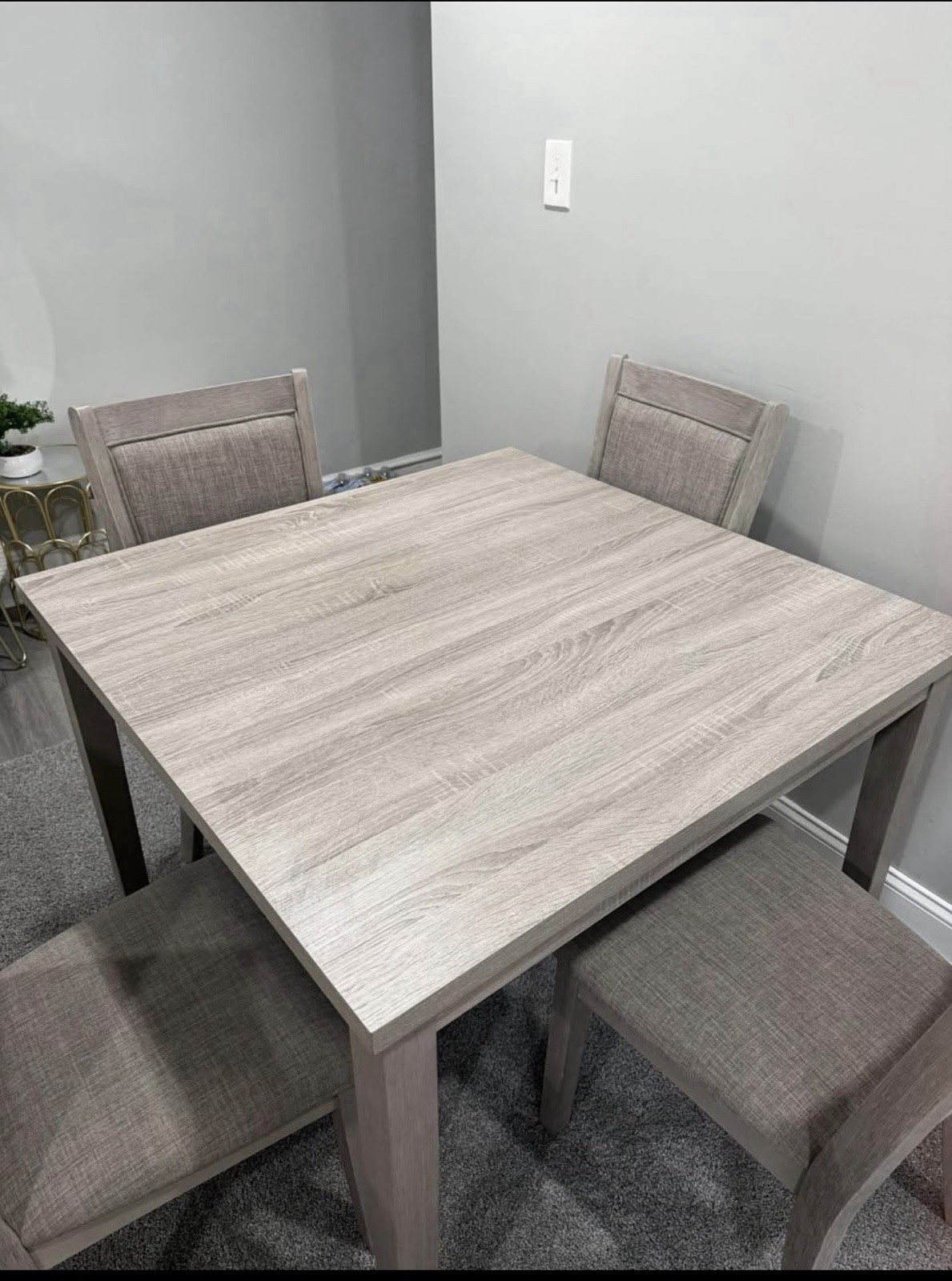 5-Piece Gray Wood Square Dining Table Set w/ 4 Upholstered Fabric Chairs
