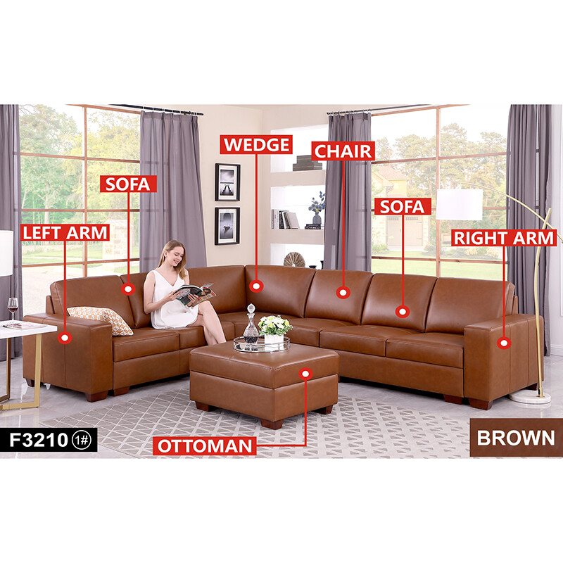 Leather 6-Piece Vegan Leather Sectional Sofa Set Couch Chaise For Living Room