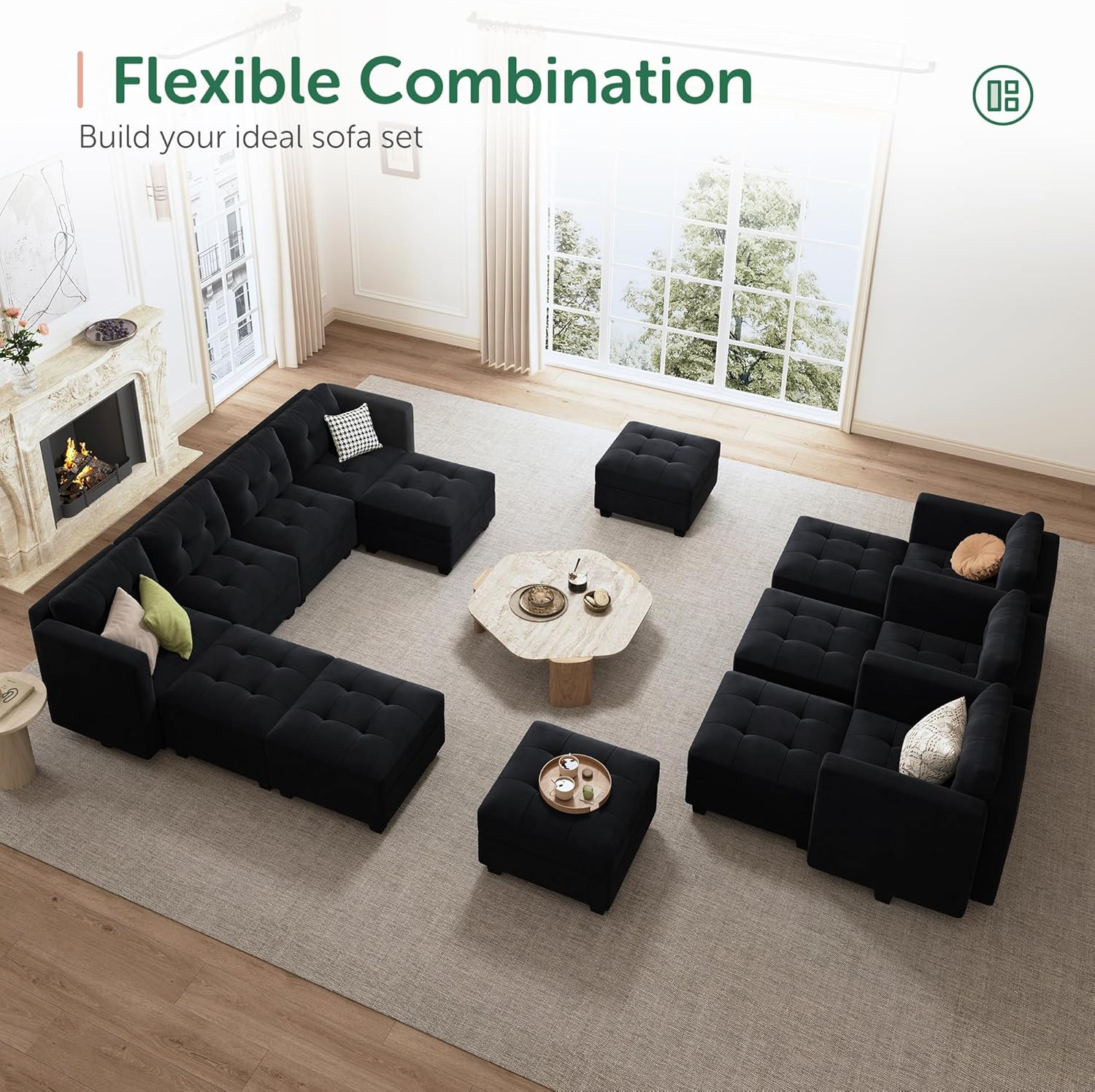Velvet Tufted Square Ottoman for Modular Sectional Sofa – Black Storage Solution