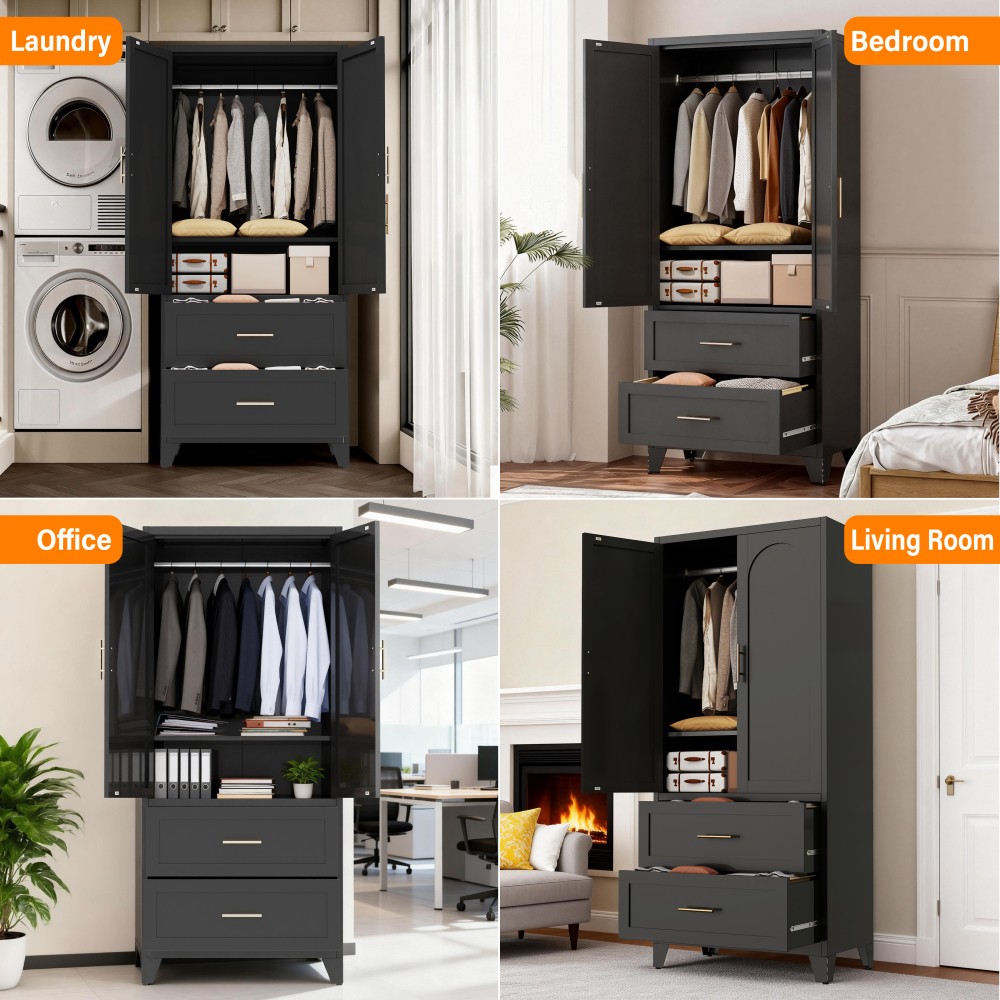 71″ Metal Armoire Wardrobe Cabinet with Hanging Rod, Wardrobe Closet with 2 Door
