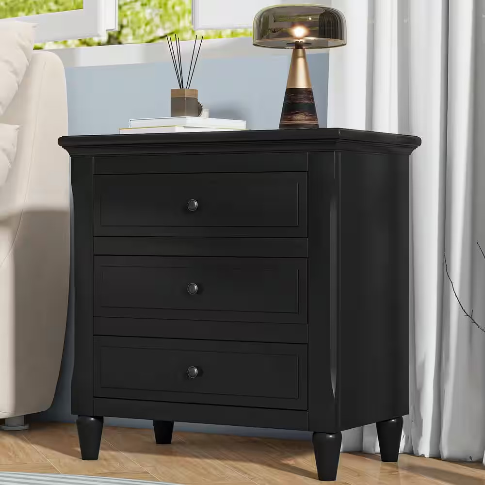 Modern Black 3-Drawer 27.6 In. W Nightstand with Metal Handles, Rubber Wood Legs