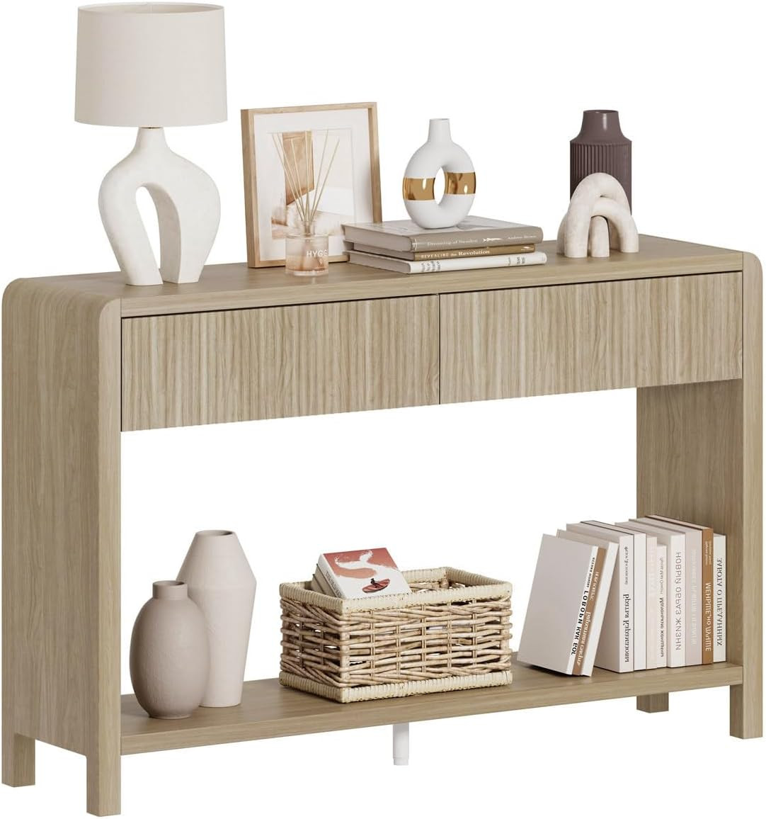 Light Walnut Console Table with 2 Drawers for Entryway and Living Room